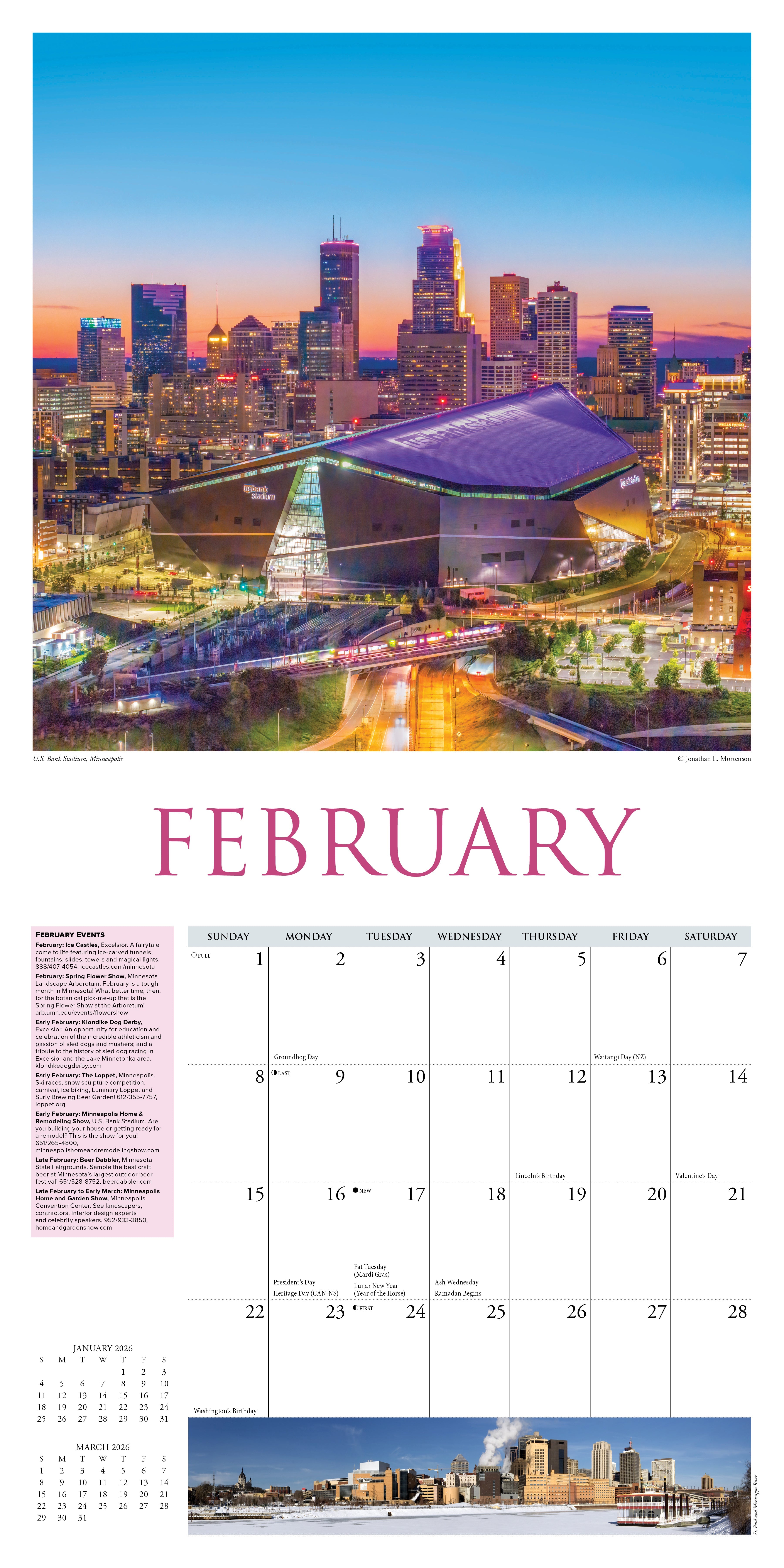 2026 Wall Calendar featuring a vibrant February view of the Twin Cities skyline with local landmarks.
