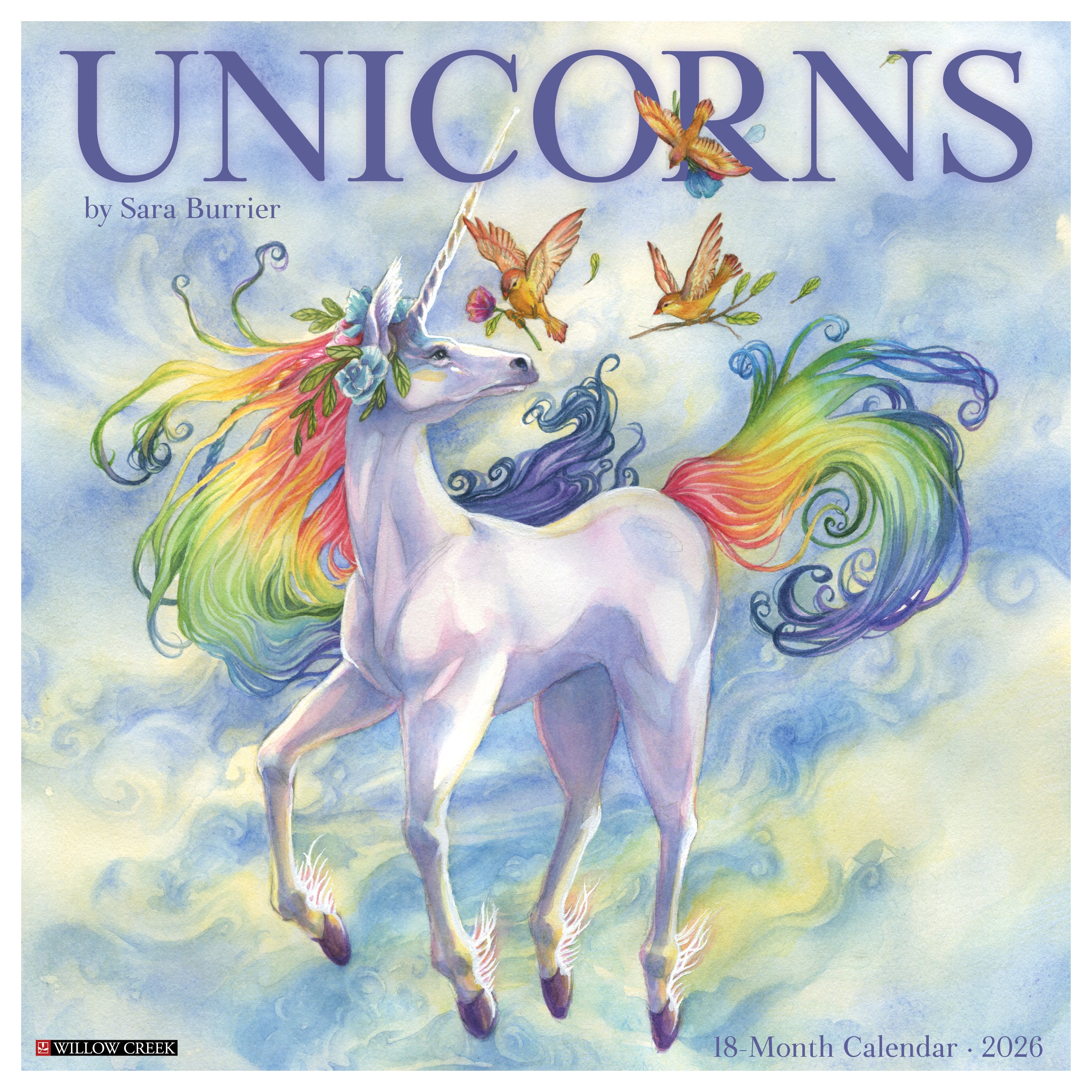 Unicorns by Sara Burrier 2026 Wall Calendar featuring whimsical fantasy unicorn artwork