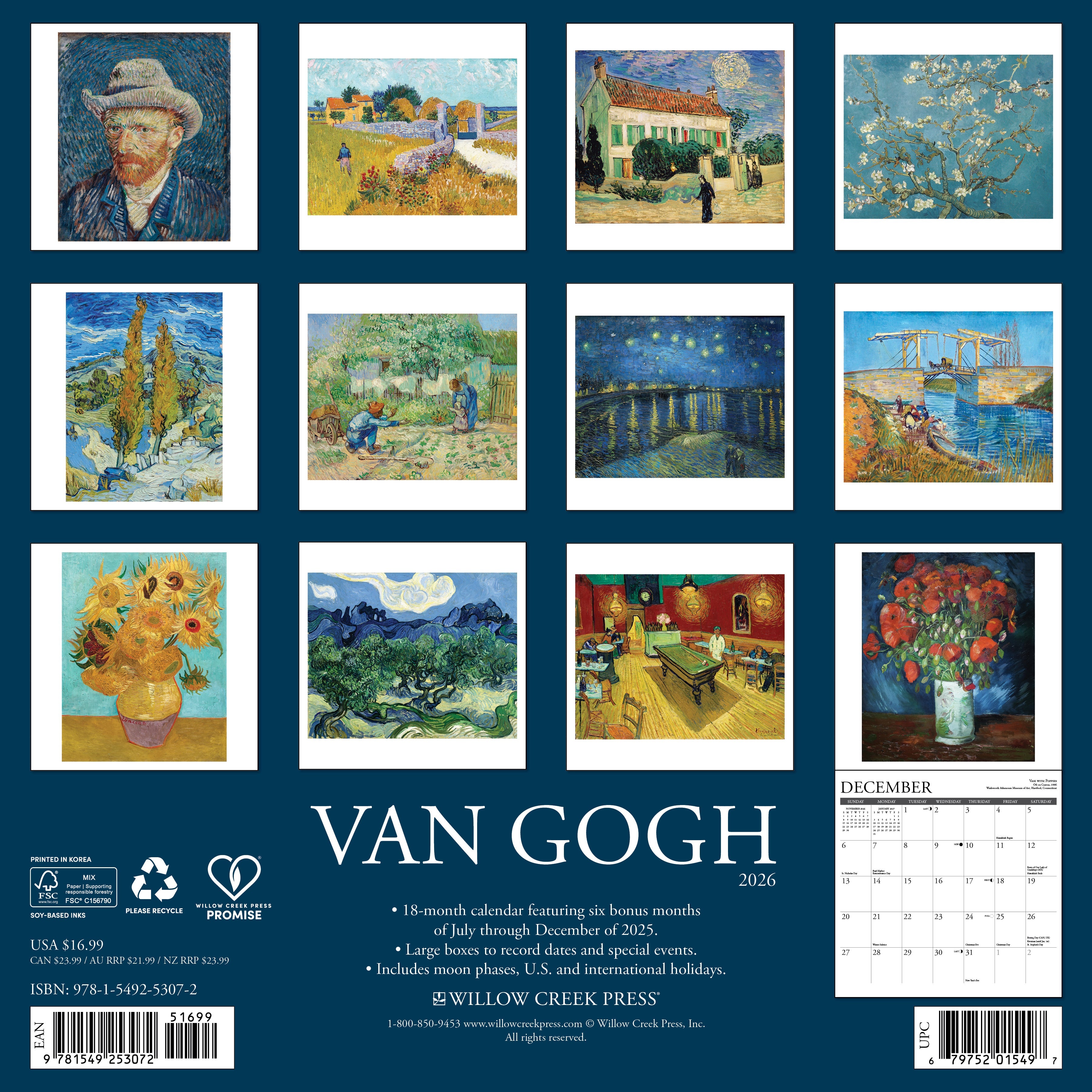 Art lovers’ 2026 Wall Calendar – Van Gogh edition with iconic paintings