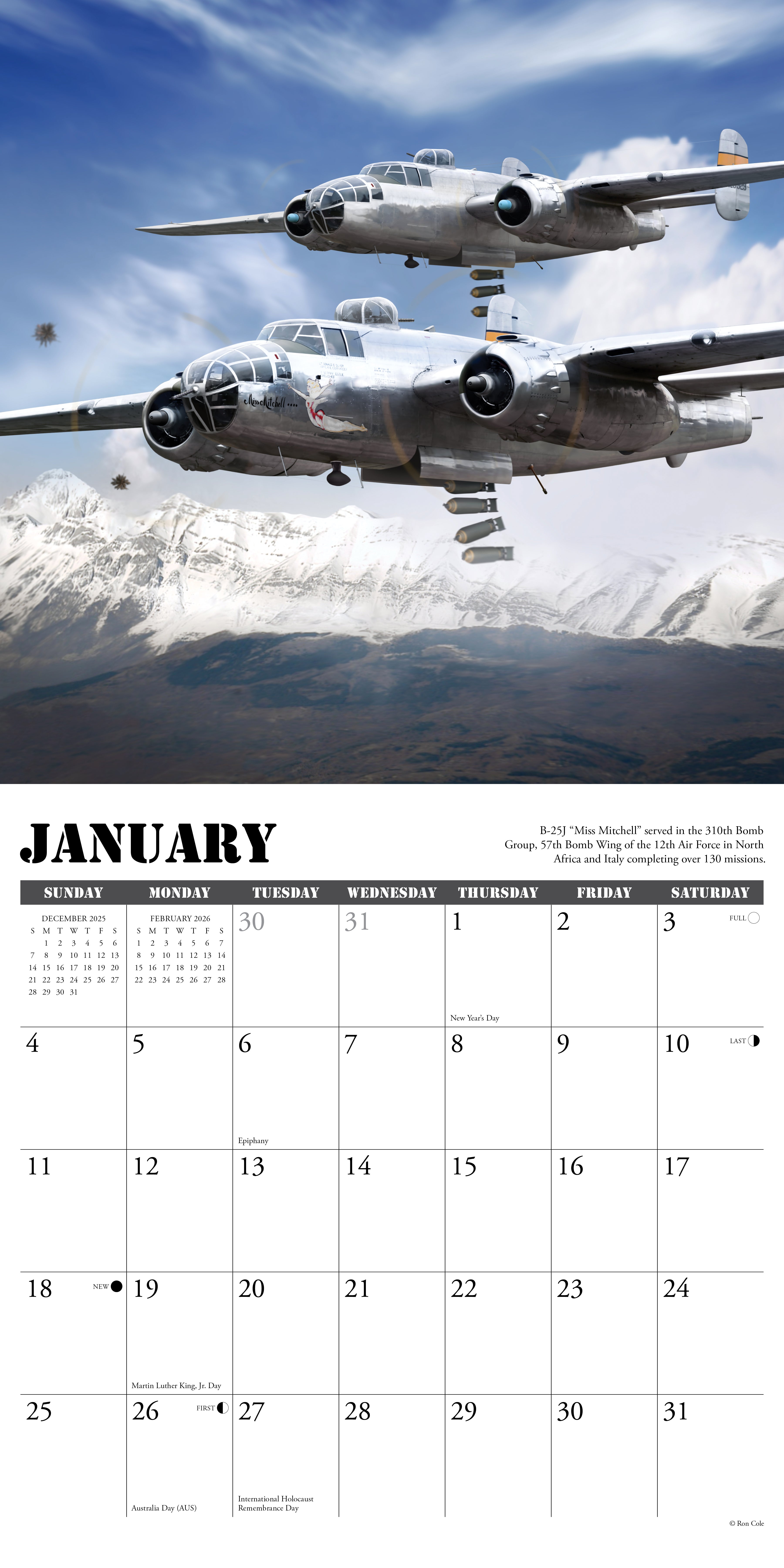 2026 Wall Calendar with large monthly date boxes, decorative images, and holidays, perfect for office, home, or aviation enthusiasts