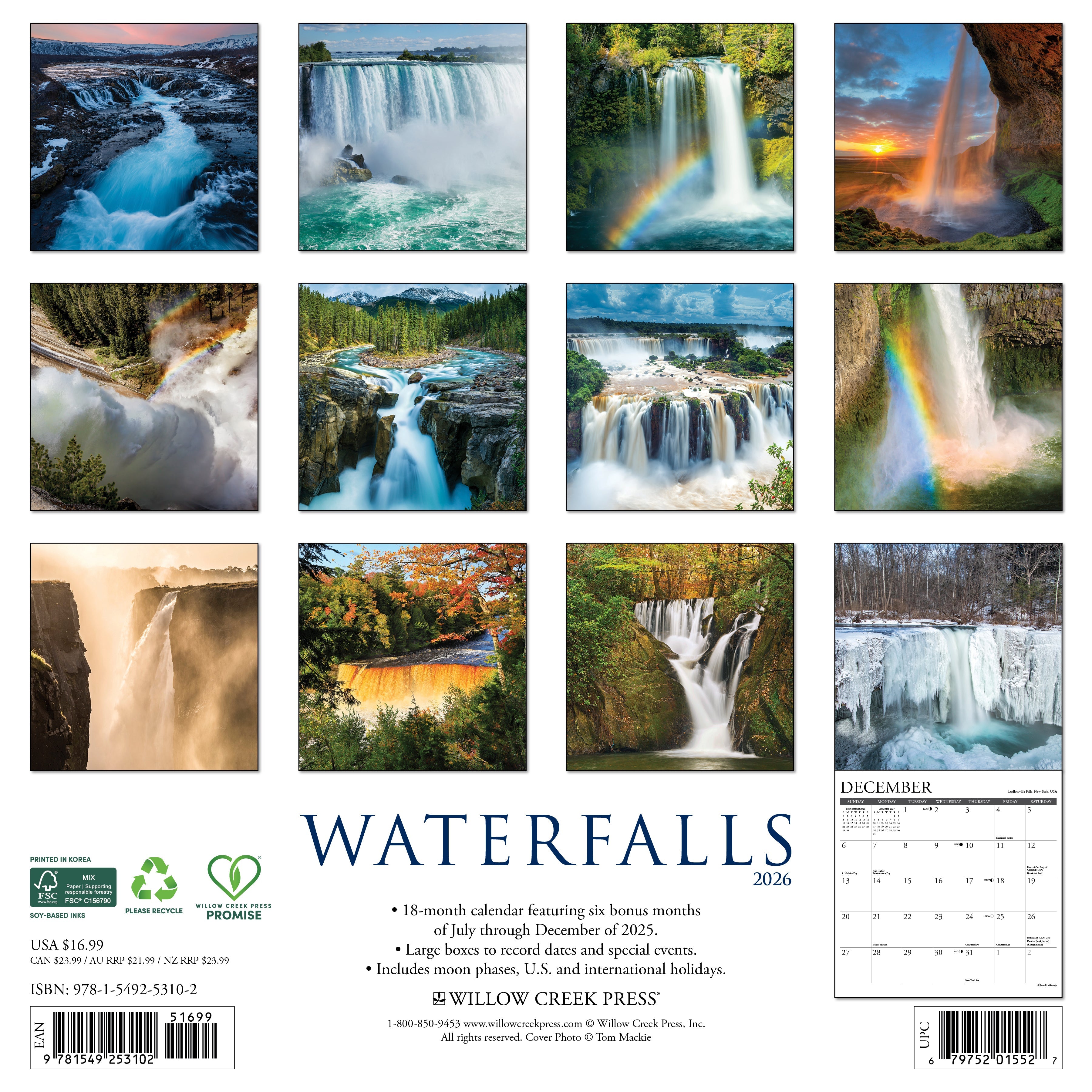 Nature-themed 2026 Wall Calendar – Waterfalls edition with scenic cascading water images