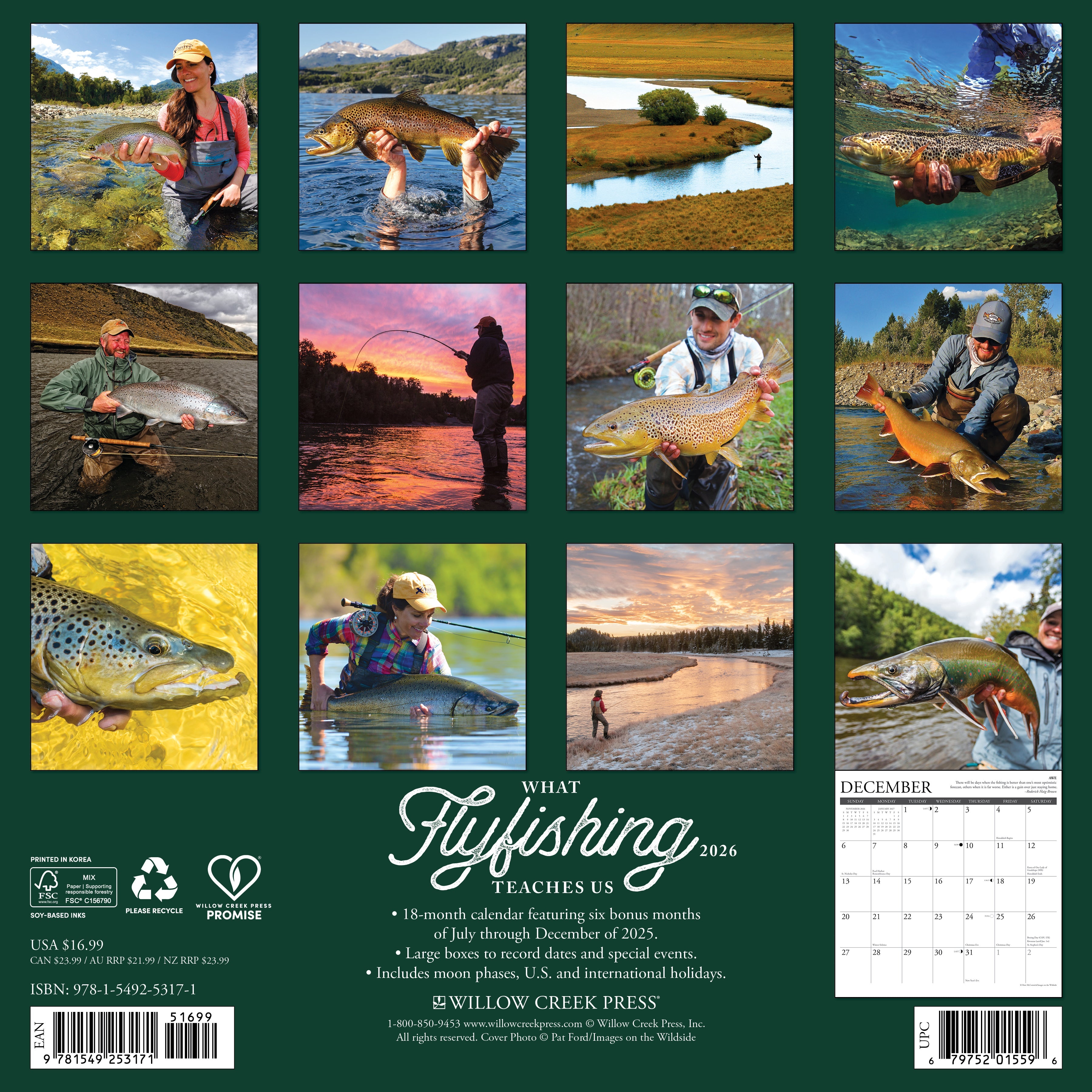 Back cover of the What Fly Fishing Teaches Us 2026 Wall Calendar featuring vibrant fishing images.
