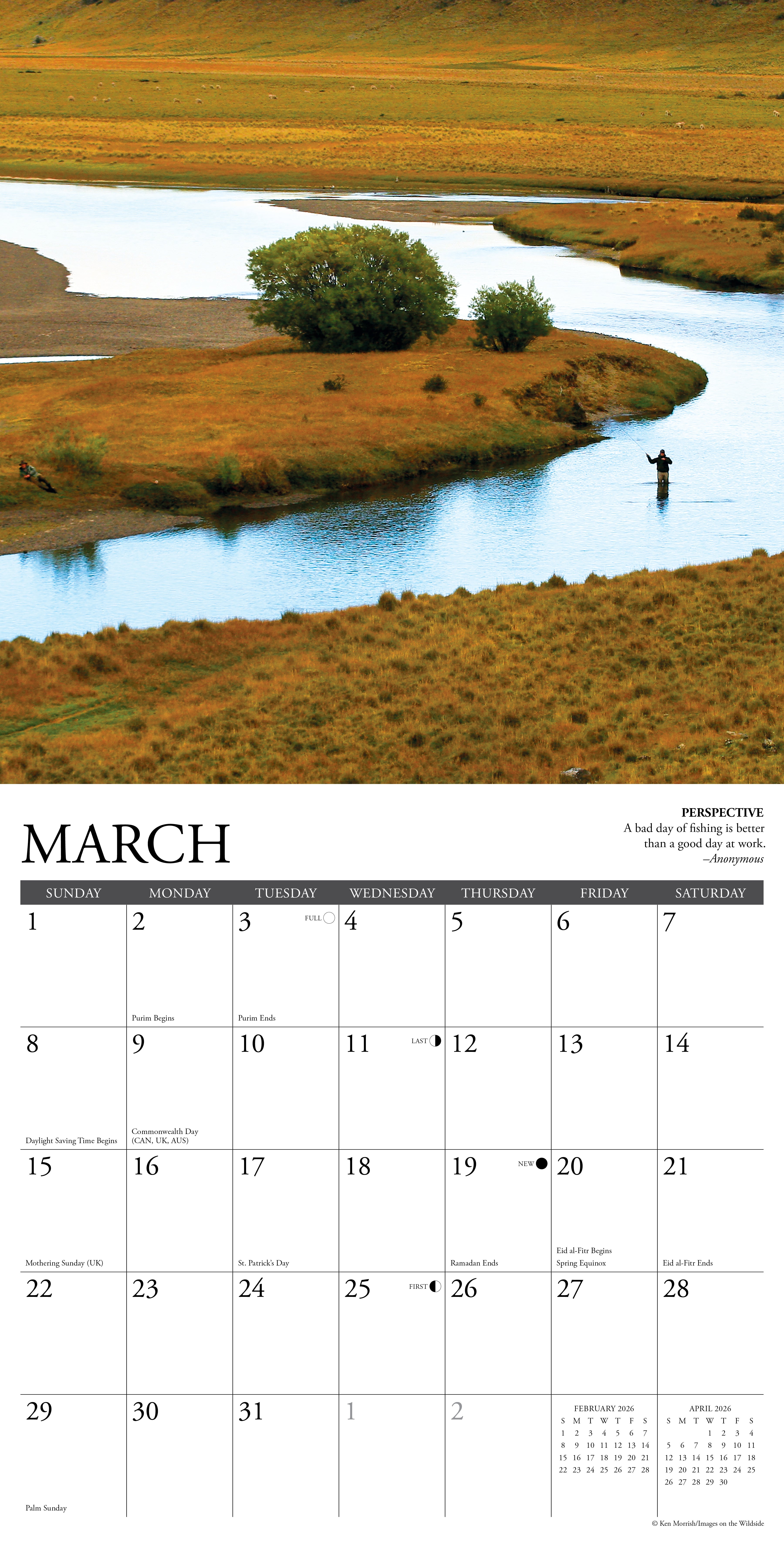 What Fly Fishing Teaches Us 12" x 12" 2026 Wall Calendar for March featuring a serene river scene and fly fisherman.