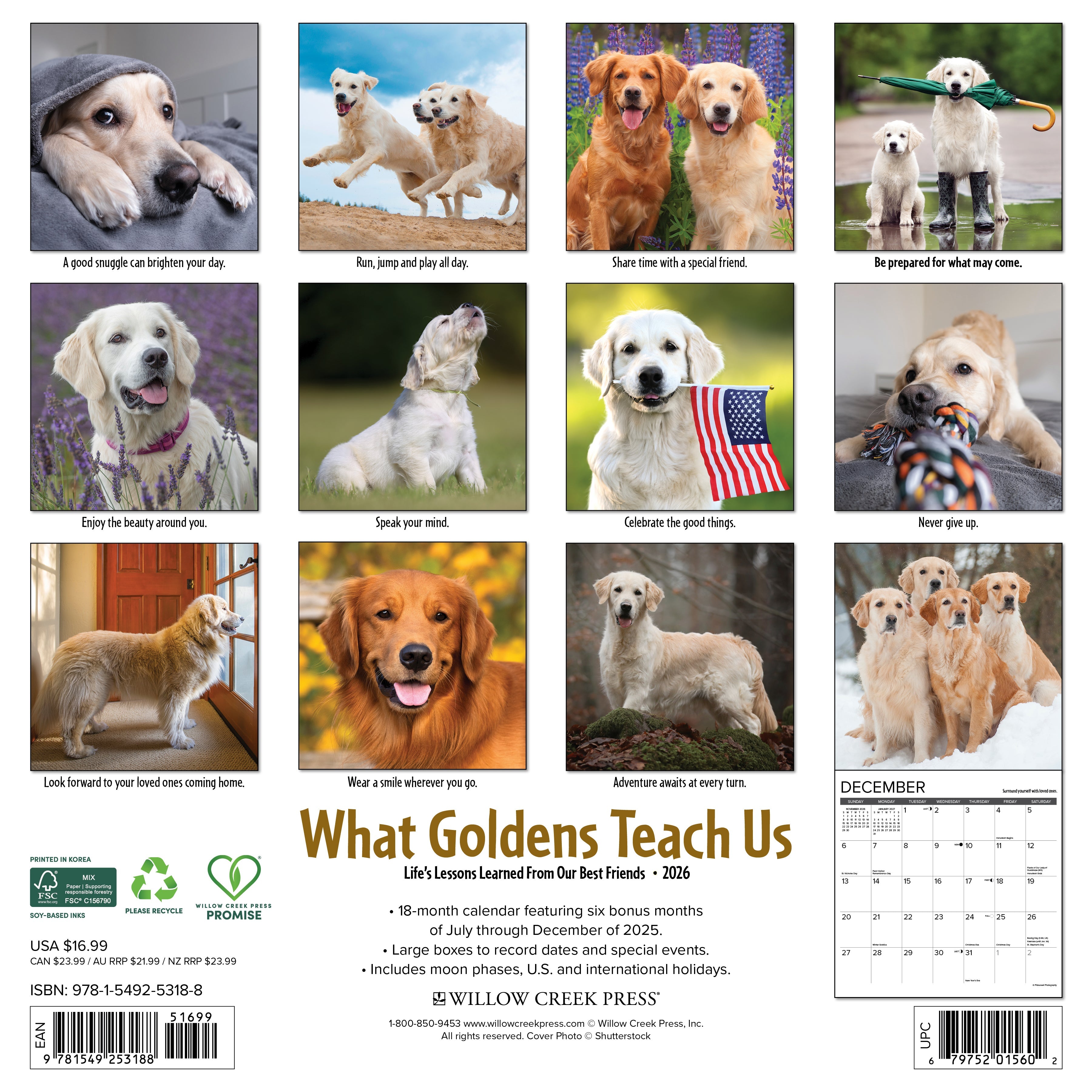 Dog lovers’ 2026 Wall Calendar – What Goldens Teach Us edition with motivational quotes and Golden Retriever photos