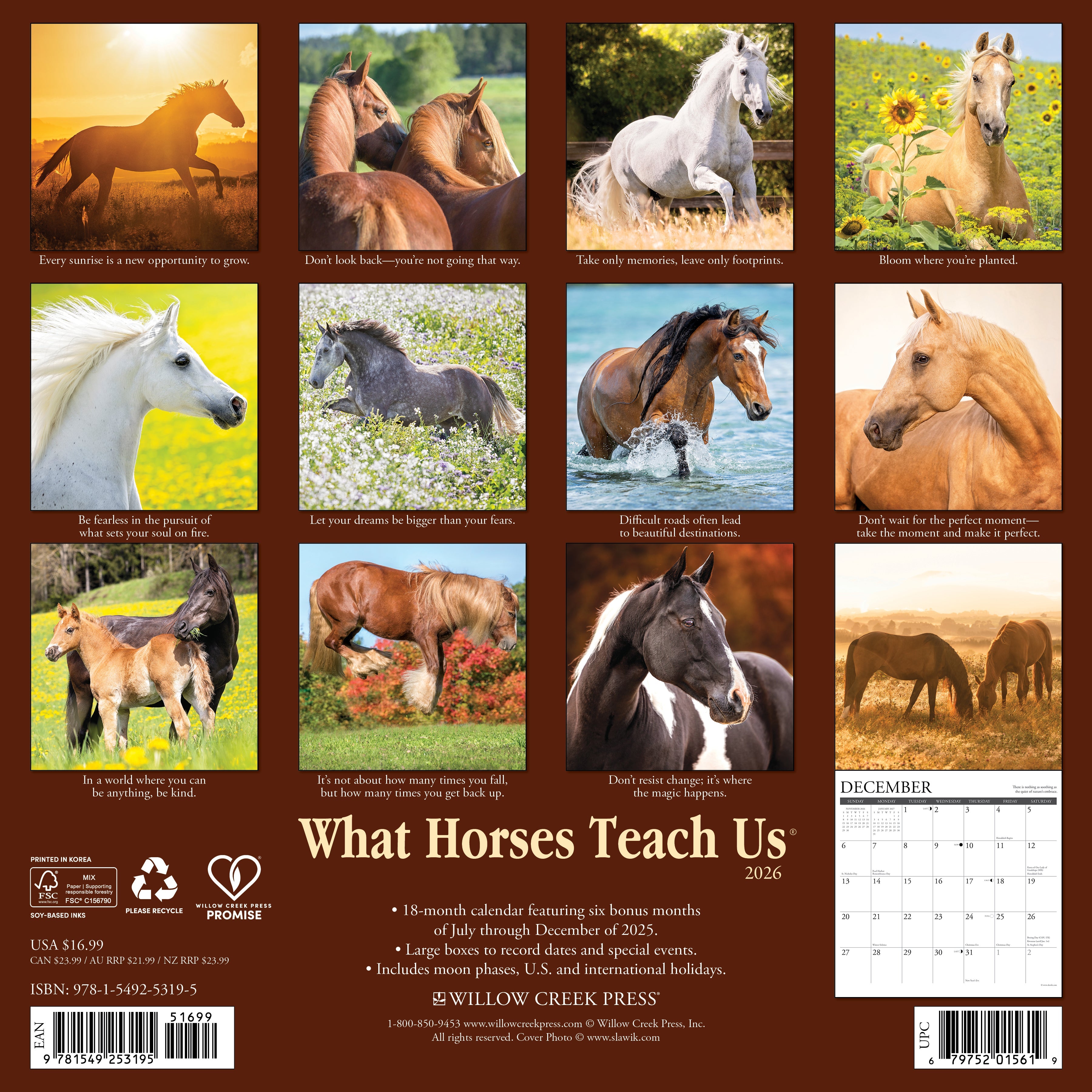 What Horses Teach Us 2026 12" x 12" Wall Calendar back cover featuring inspirational horse images for planning.