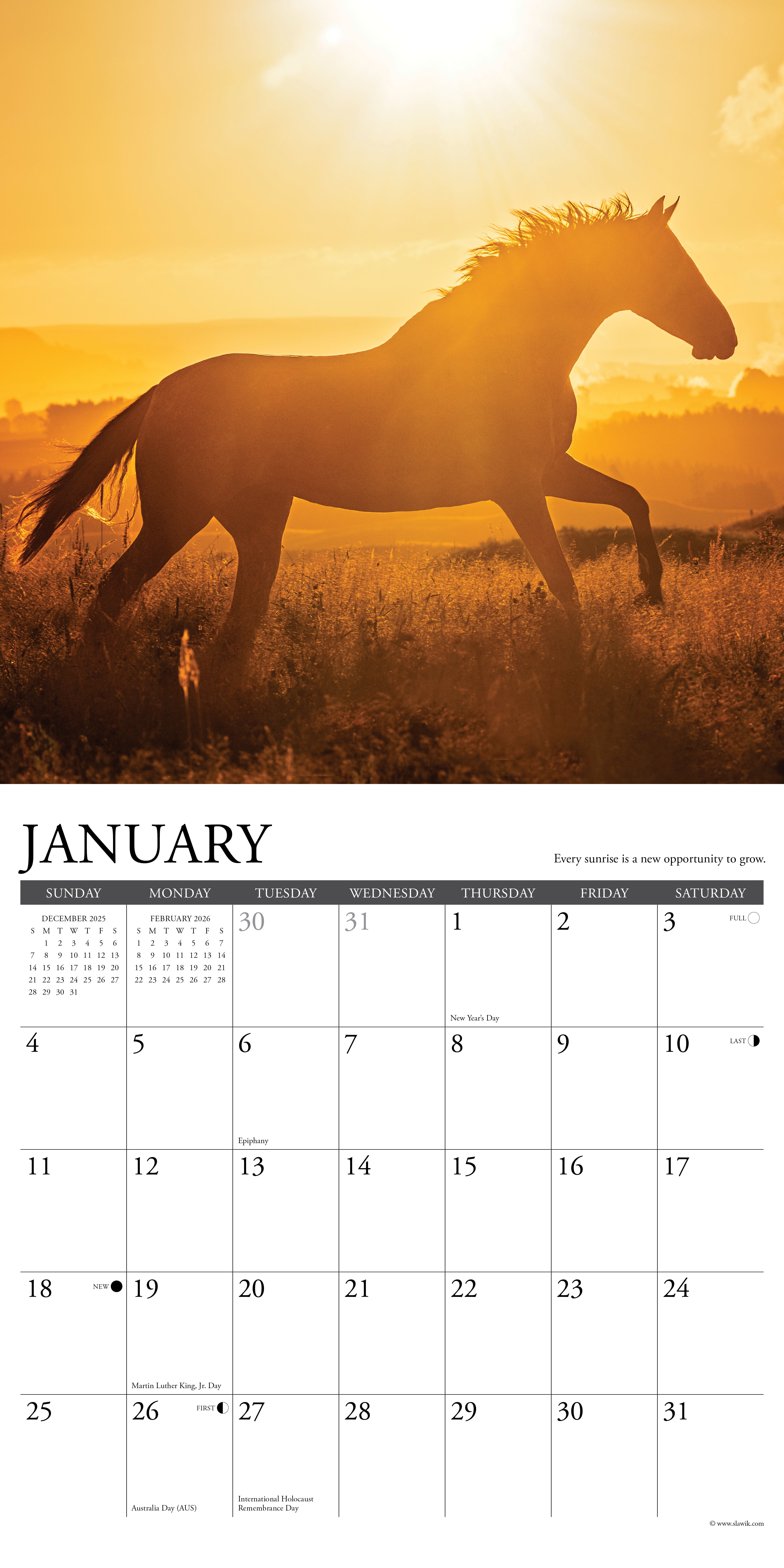 What Horses Teach Us 2026 12" x 12" Wall Calendar January page with horse silhouette and sunset