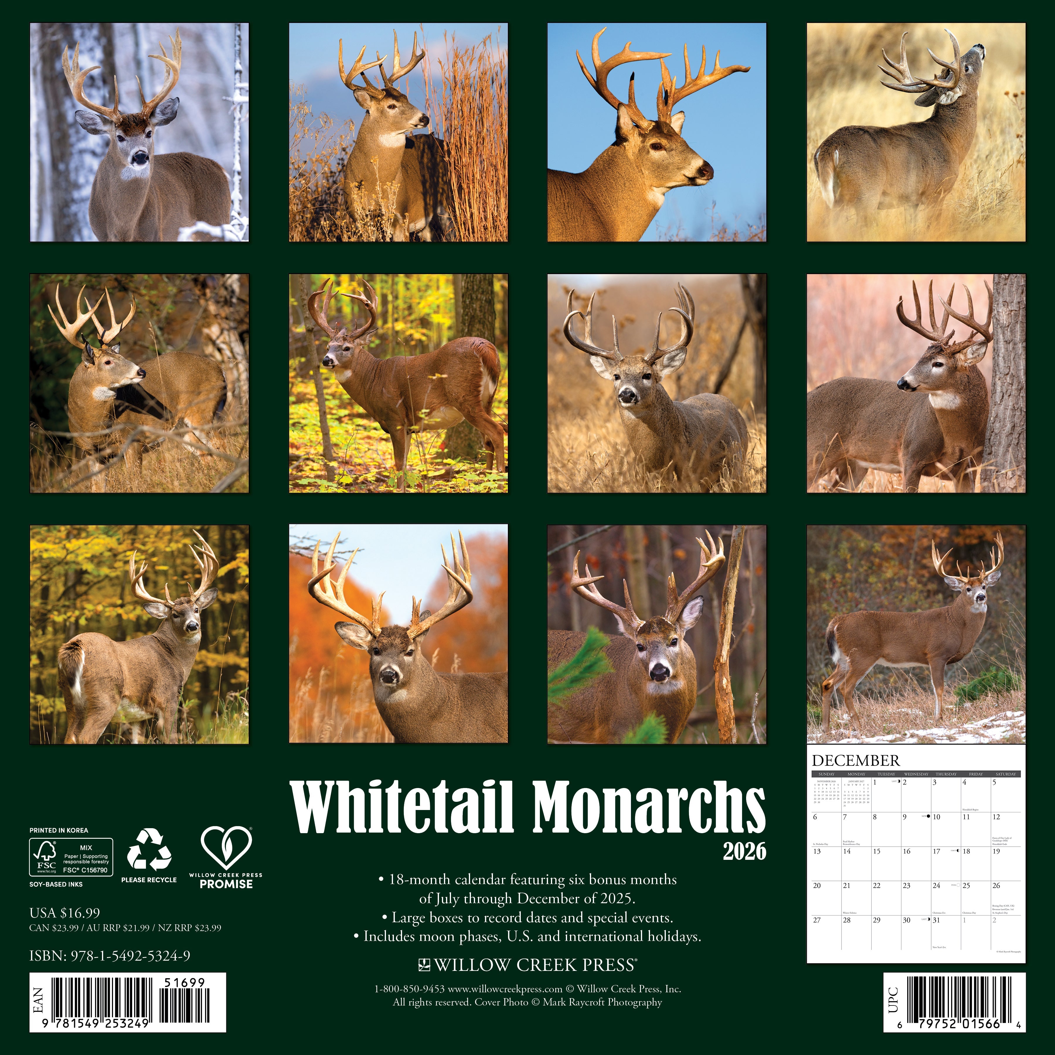 12"x12" 2026 wall calendar with whitetail deer images and large planning spaces