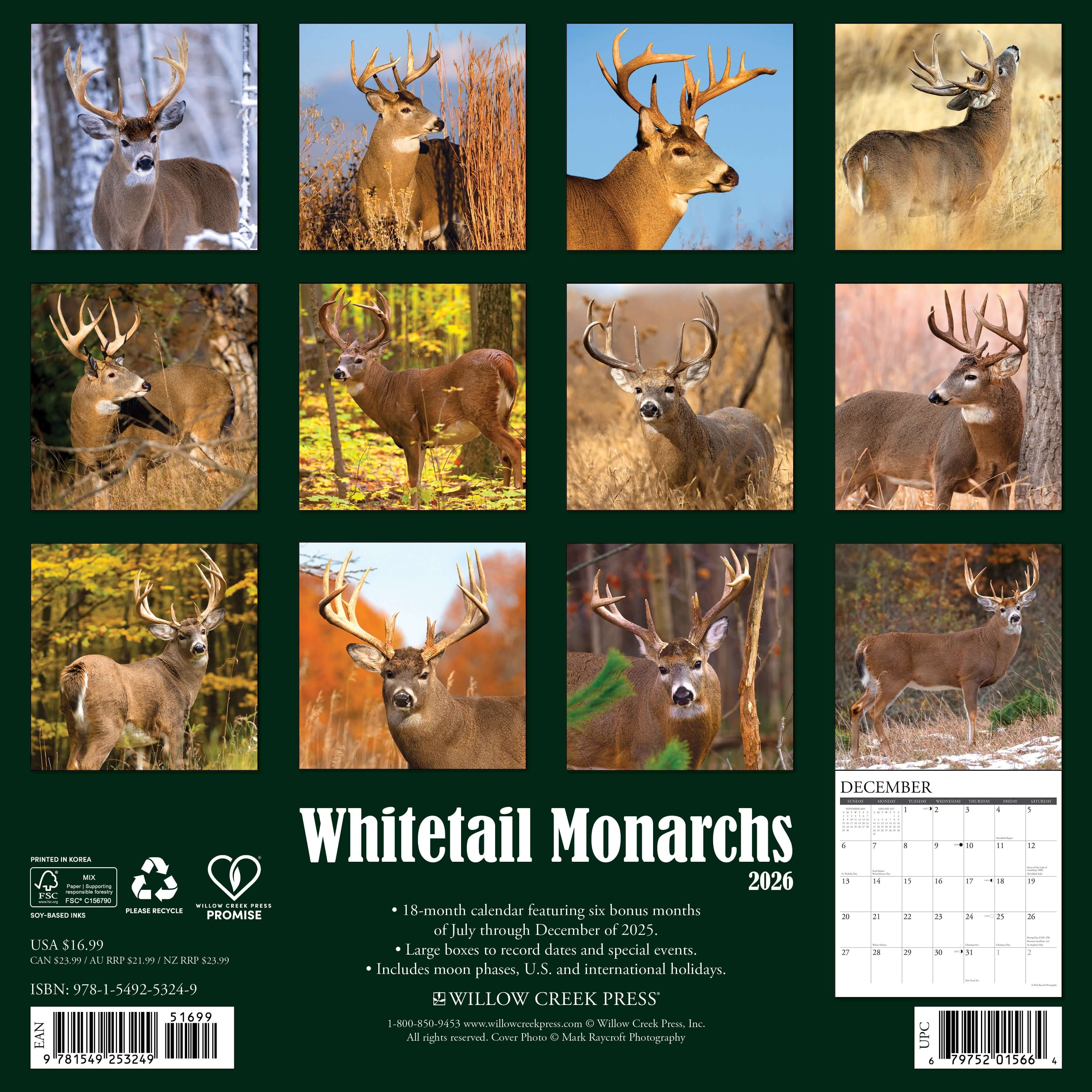 12"x12" 2026 wall calendar with whitetail deer images and large planning spaces