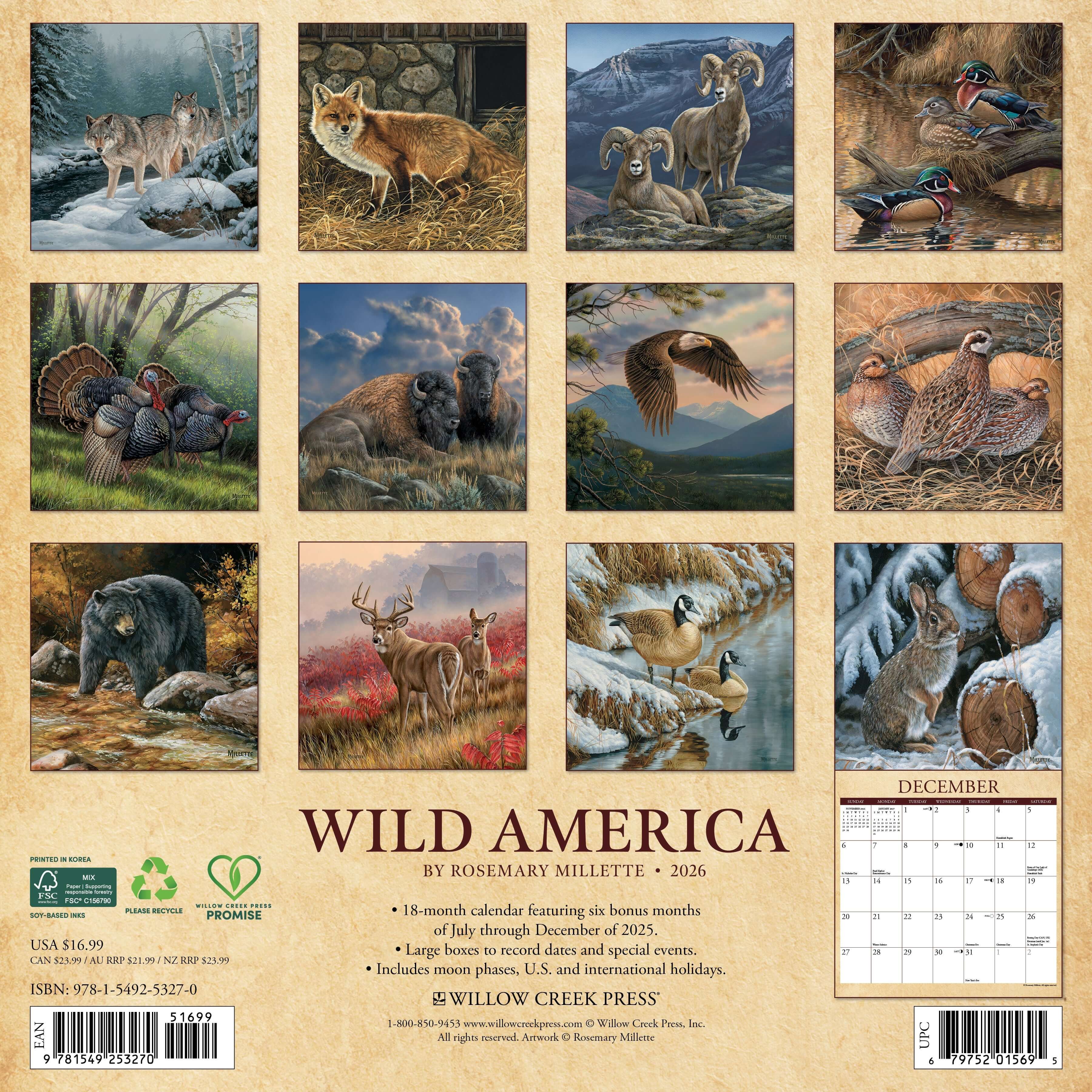 12"x12" 2026 wall calendar showcasing Wild America photography with large planning spaces