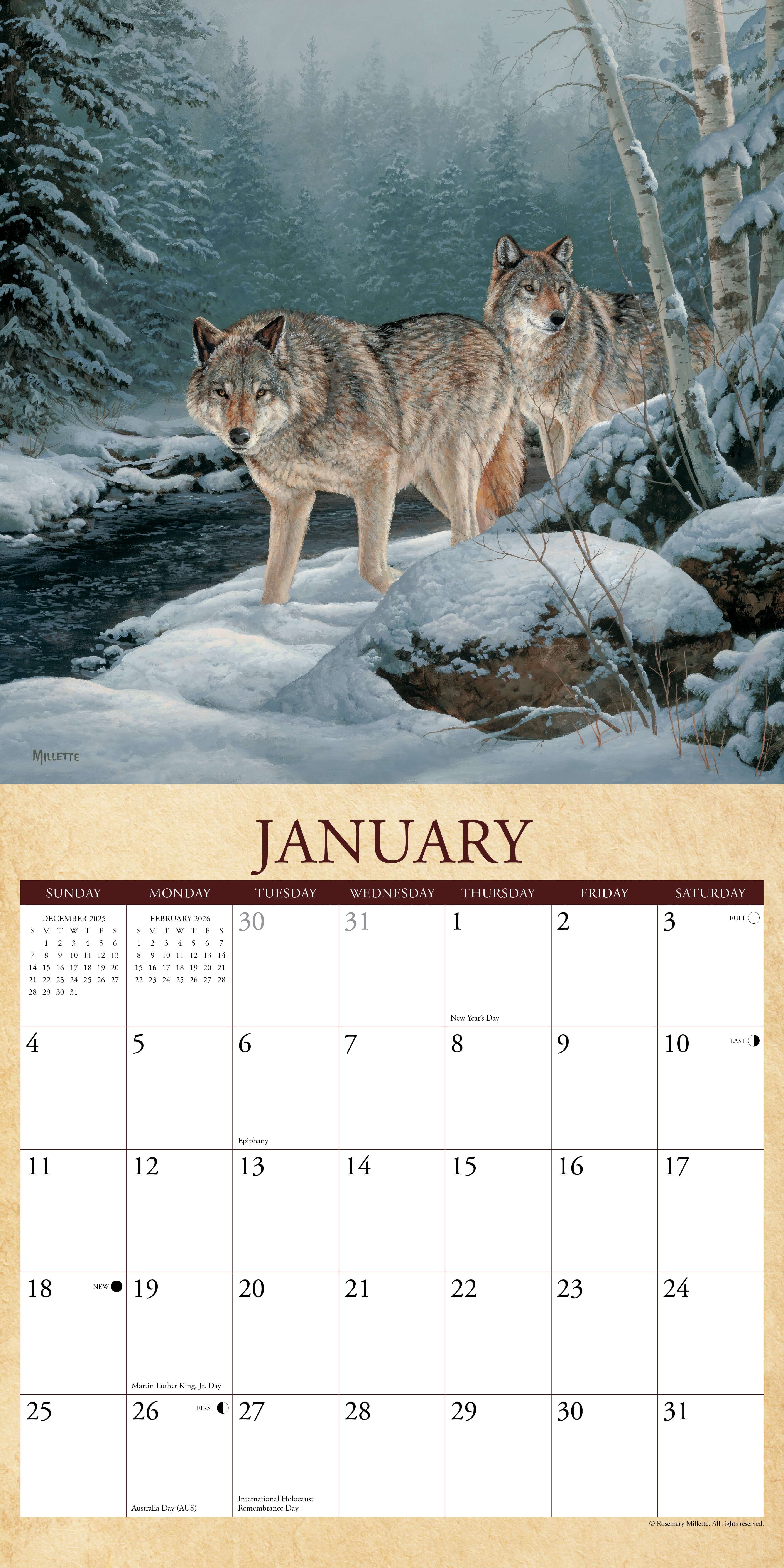 2026 Wall Calendar featuring wolves in snowy forest scene for January, showcasing North American wildlife.