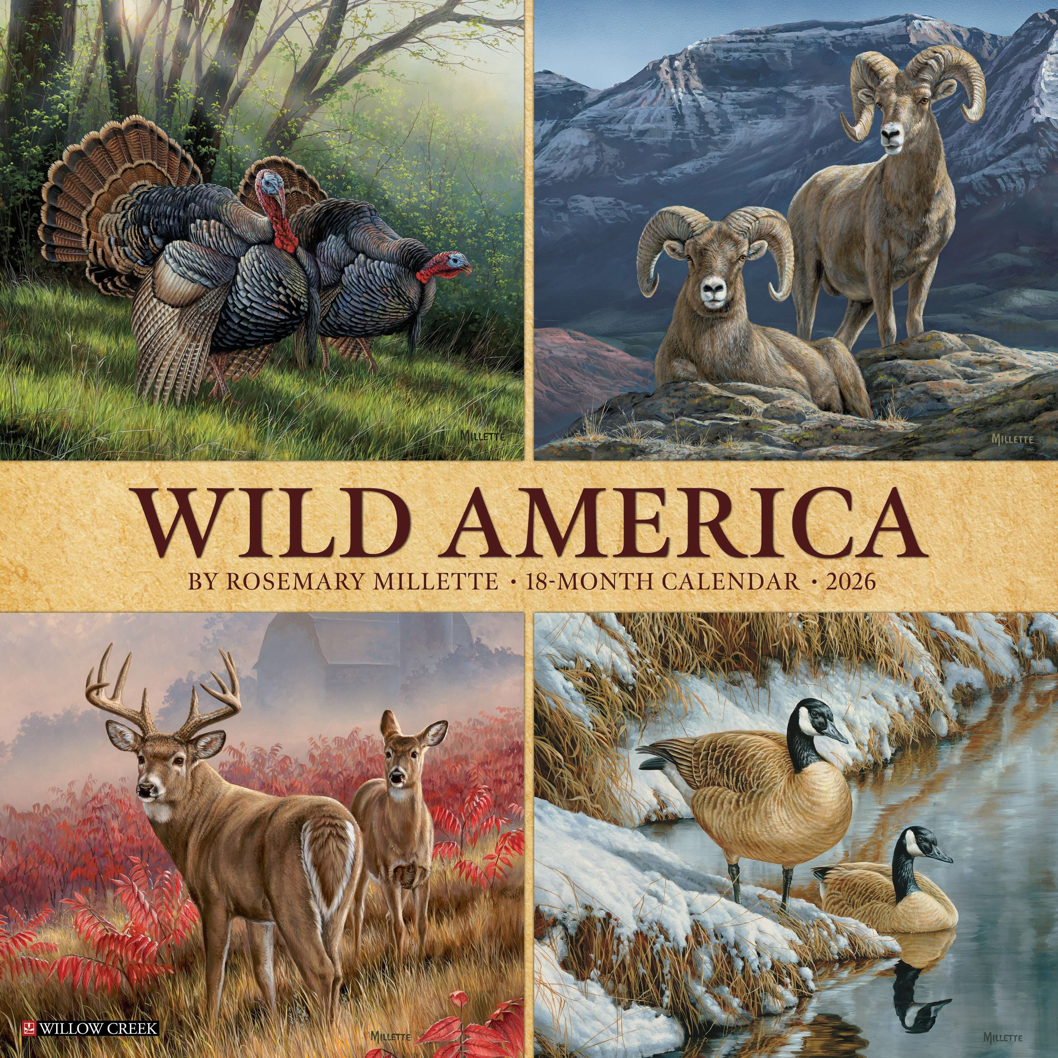 Wild America 2026 wall calendar, 12x12 inches, featuring U.S. wildlife and landscapes with monthly grids