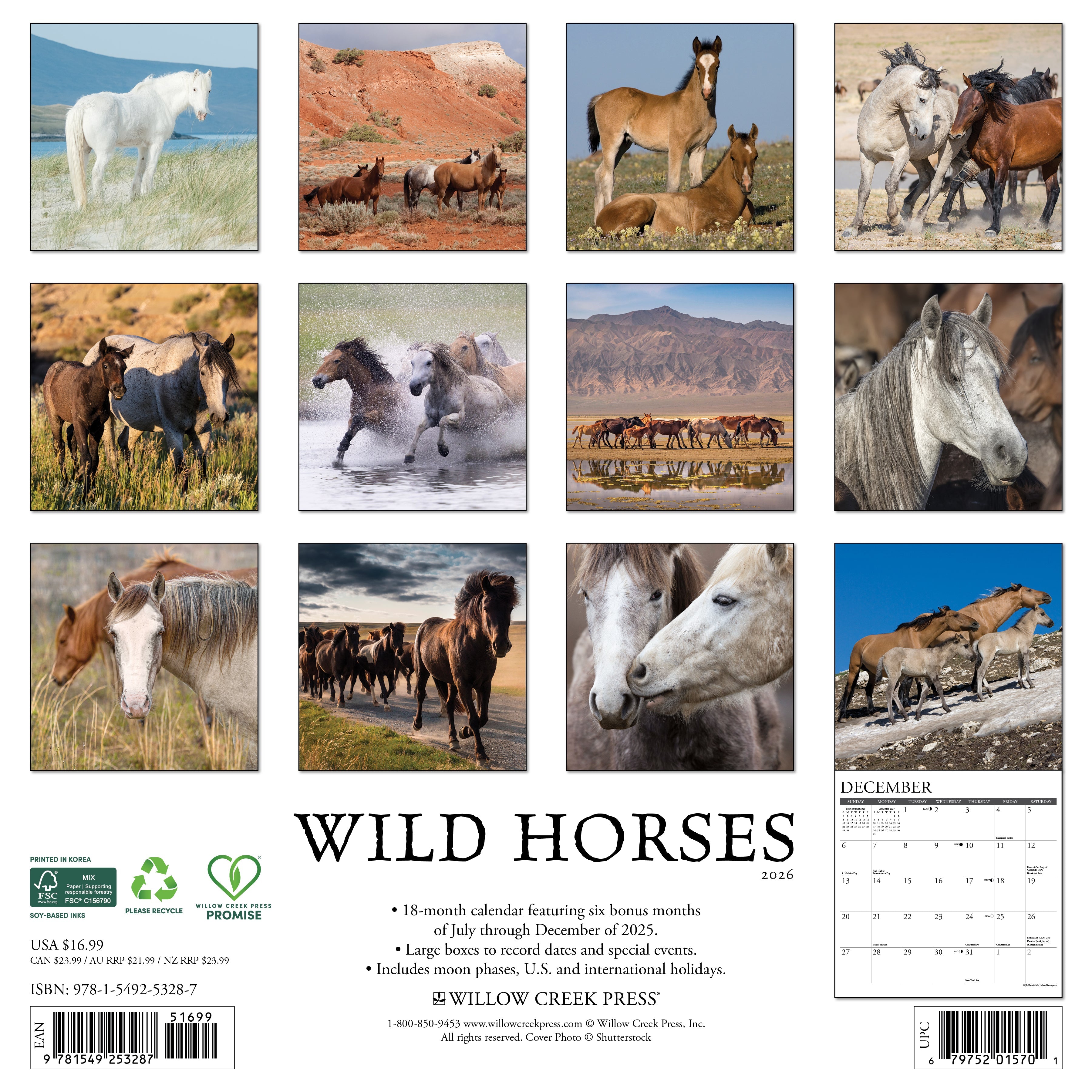 12"x12" 2026 wall calendar with majestic wild horse images and large monthly grids for notes and planning
