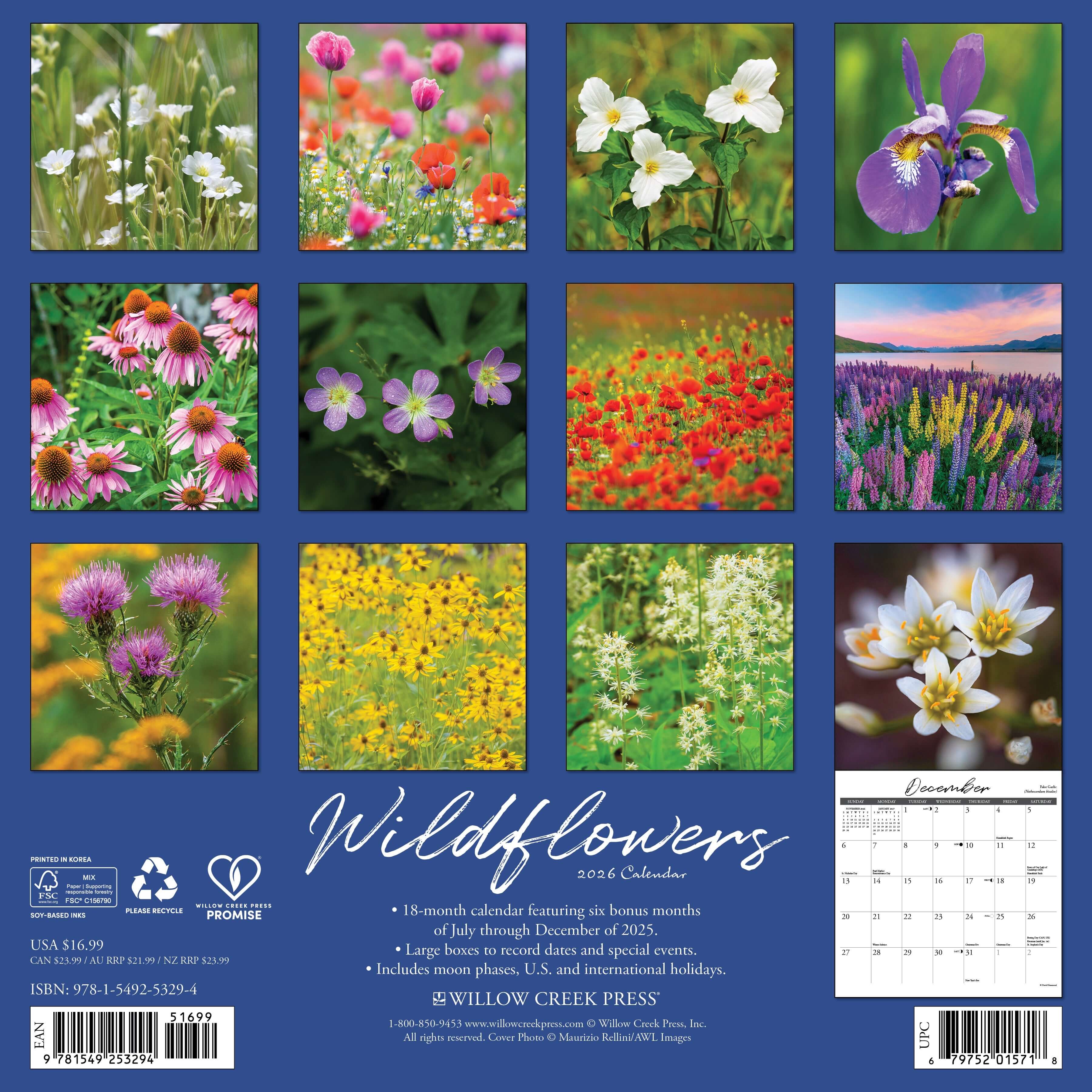 12"x12" 2026 wall calendar showcasing colorful wildflowers with large grids for notes and planning
