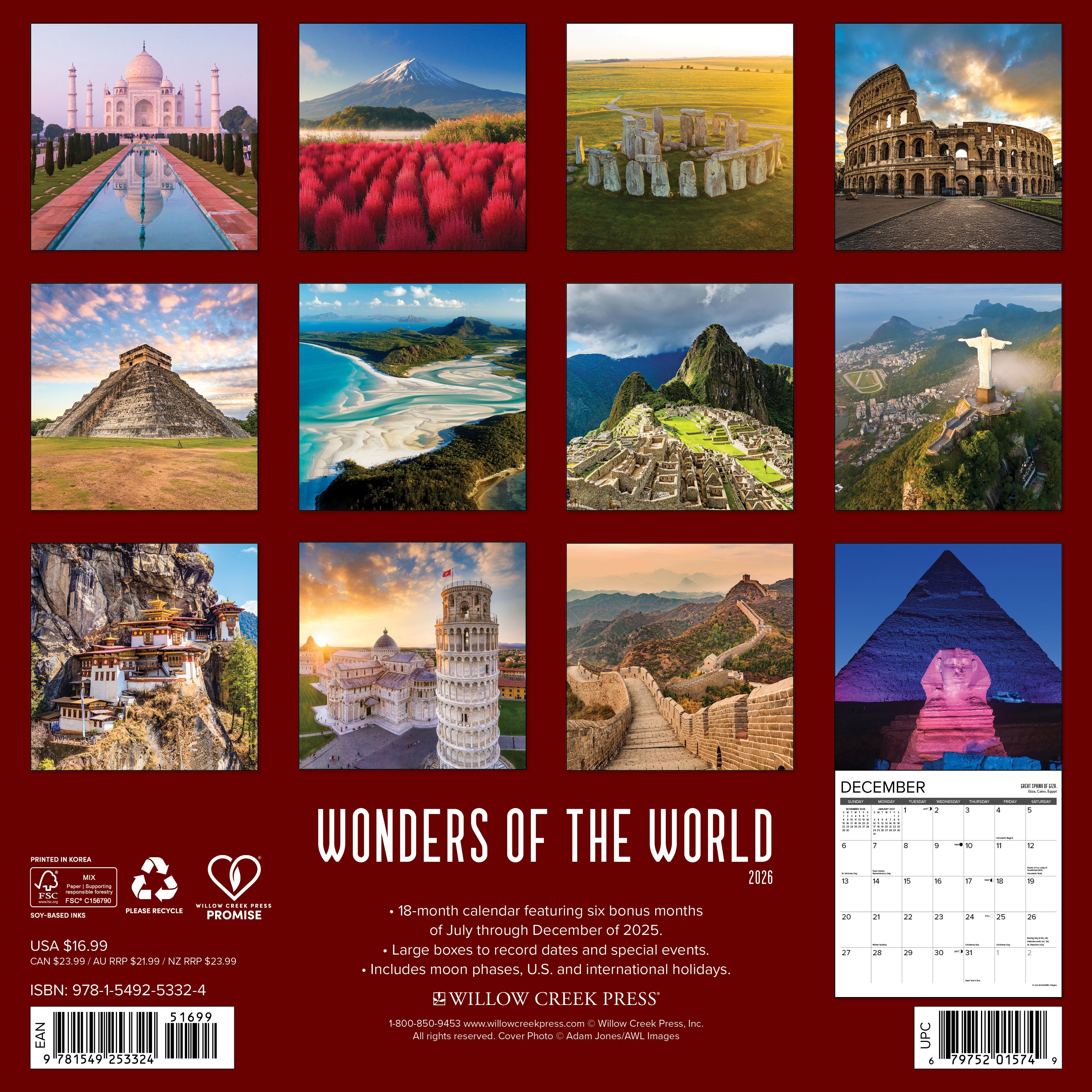 12"x12" 2026 wall calendar showcasing Wonders of the World with spacious monthly planning layouts