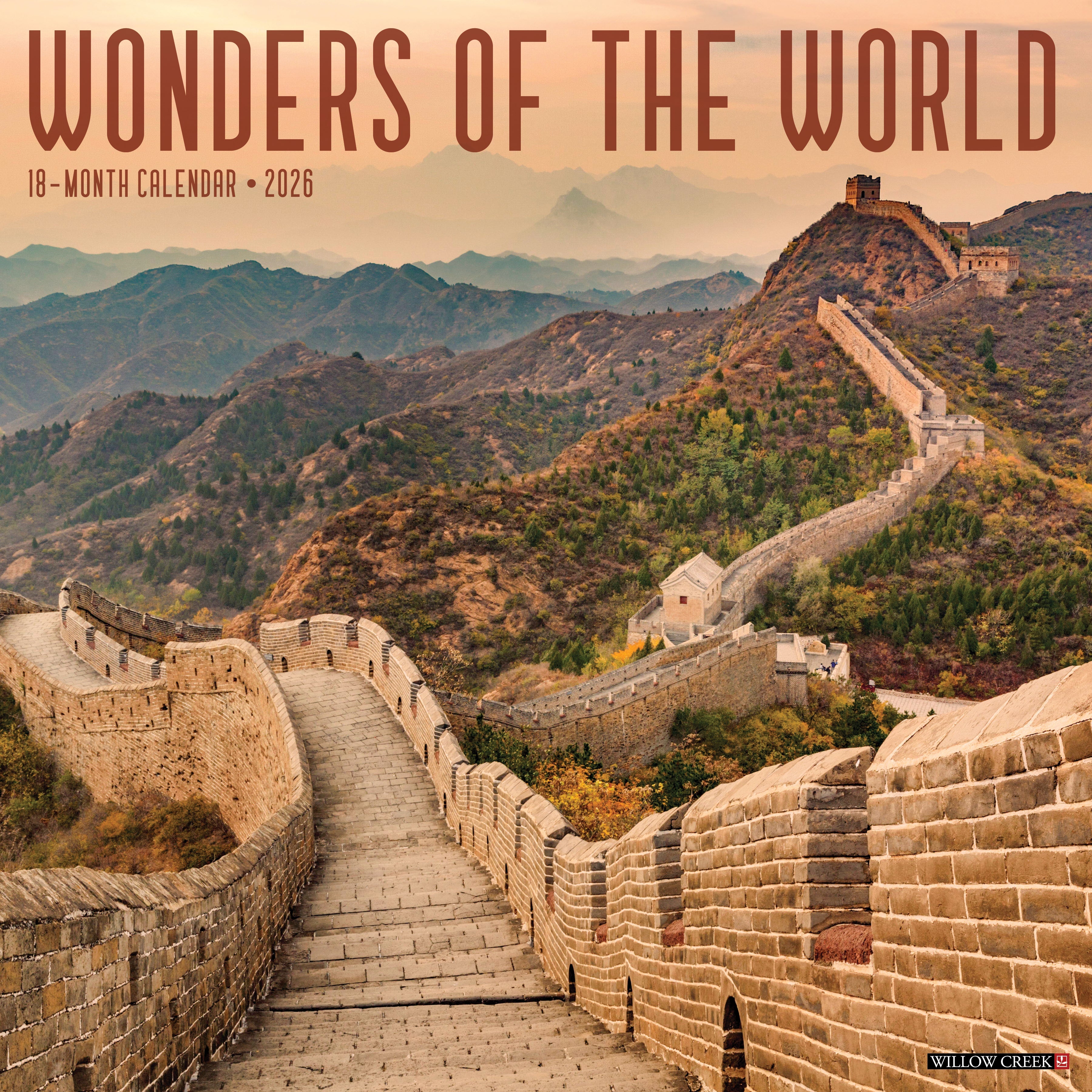 Wonders of the World 2026 wall calendar, 12x12 inches, featuring iconic global landmarks and large monthly grids