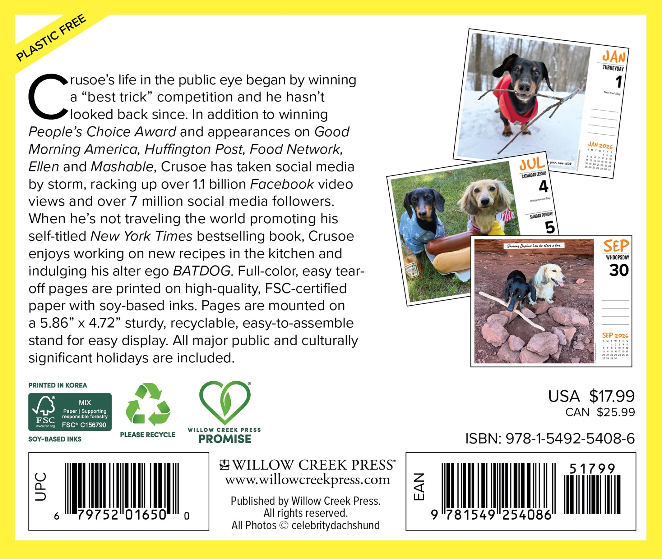 2026 Daily Box Calendar featuring Crusoe the Celebrity Dachshund and his adventures throughout the year.