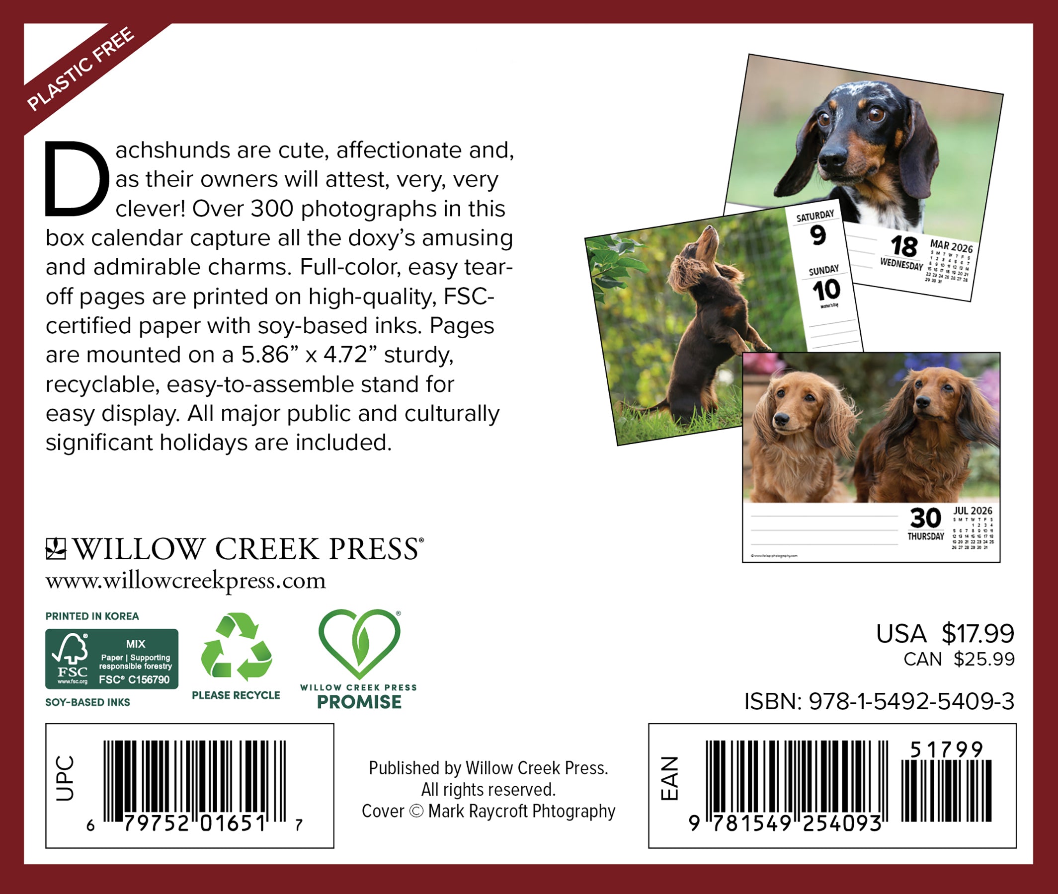 Back cover of Dachshunds 2026 Daily Box Calendar featuring photos and details about the calendar's features.