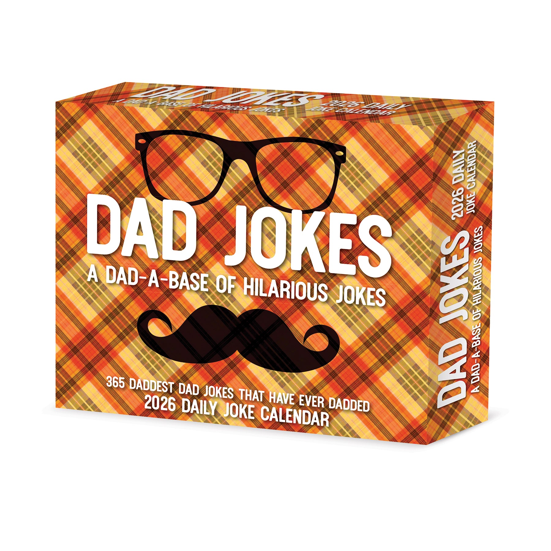 2026 Dad Jokes Daily Box Calendar featuring colorful plaid design and humorous dad jokes for daily enjoyment.