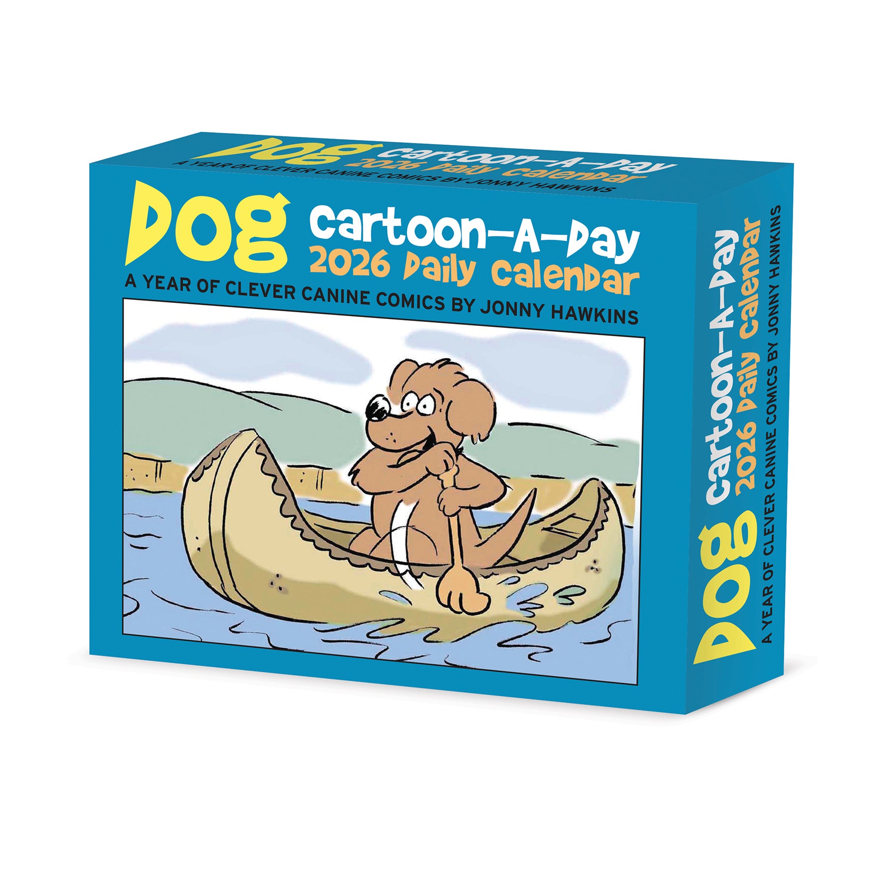 Dog Cartoon-A-Day 2026 Daily Box Calendar featuring a cartoon dog on a canoe by Jonny Hawkins.