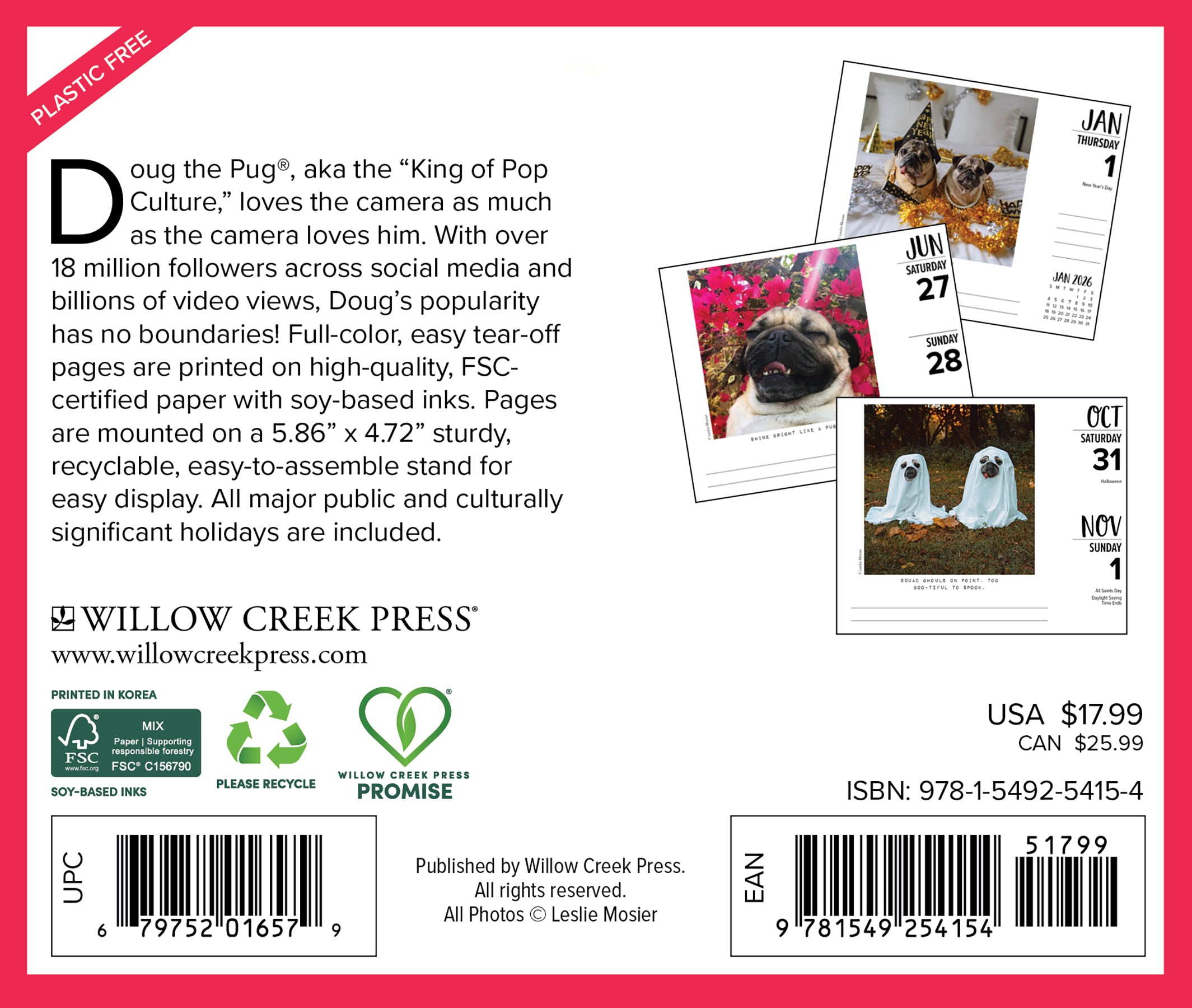 Back cover of Doug the Pug 2026 Daily Box Calendar showcasing design and details.