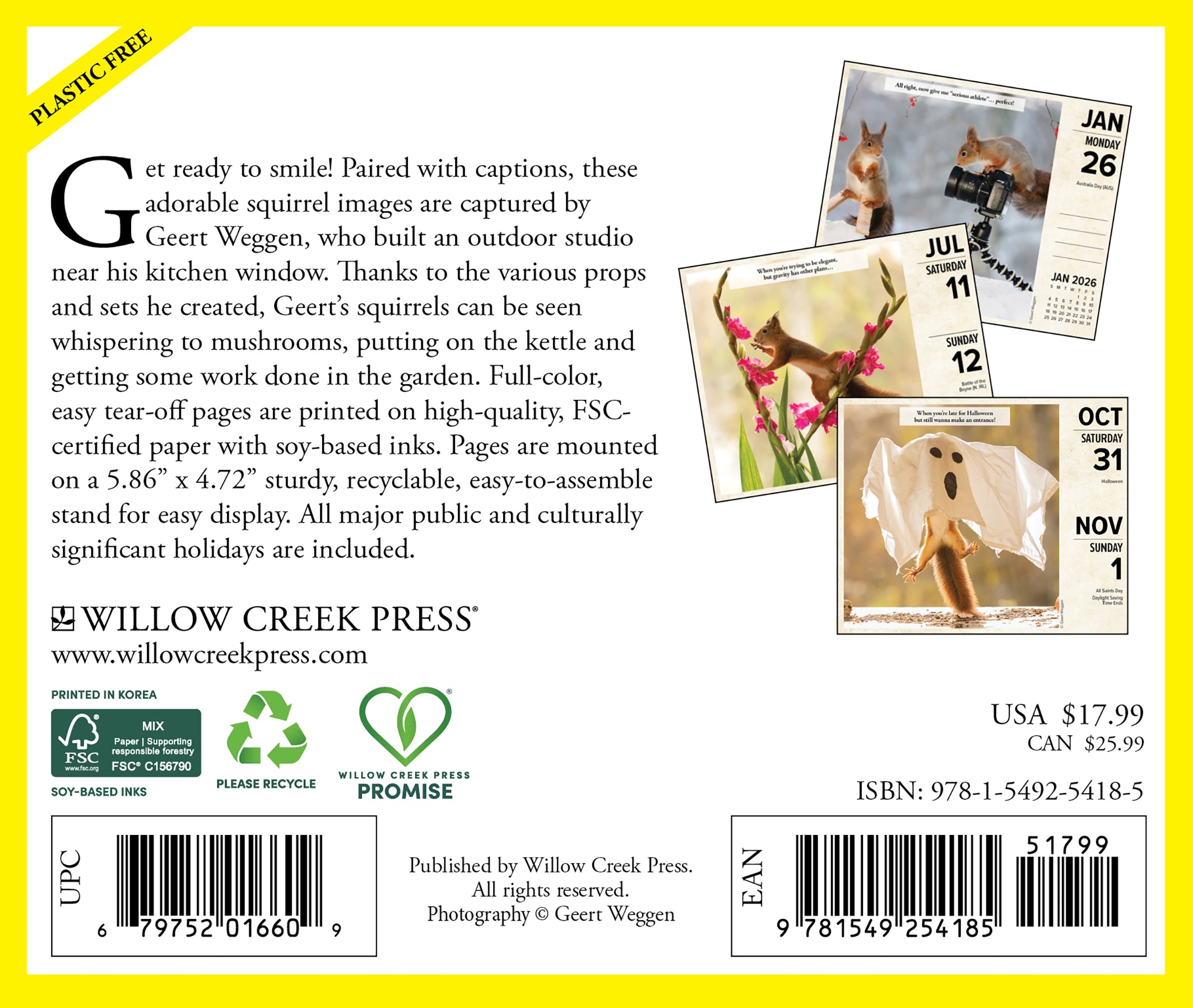 Gettin' Squirrelly 2026 Daily Box Calendar back cover showcasing playful squirrel images and product details.