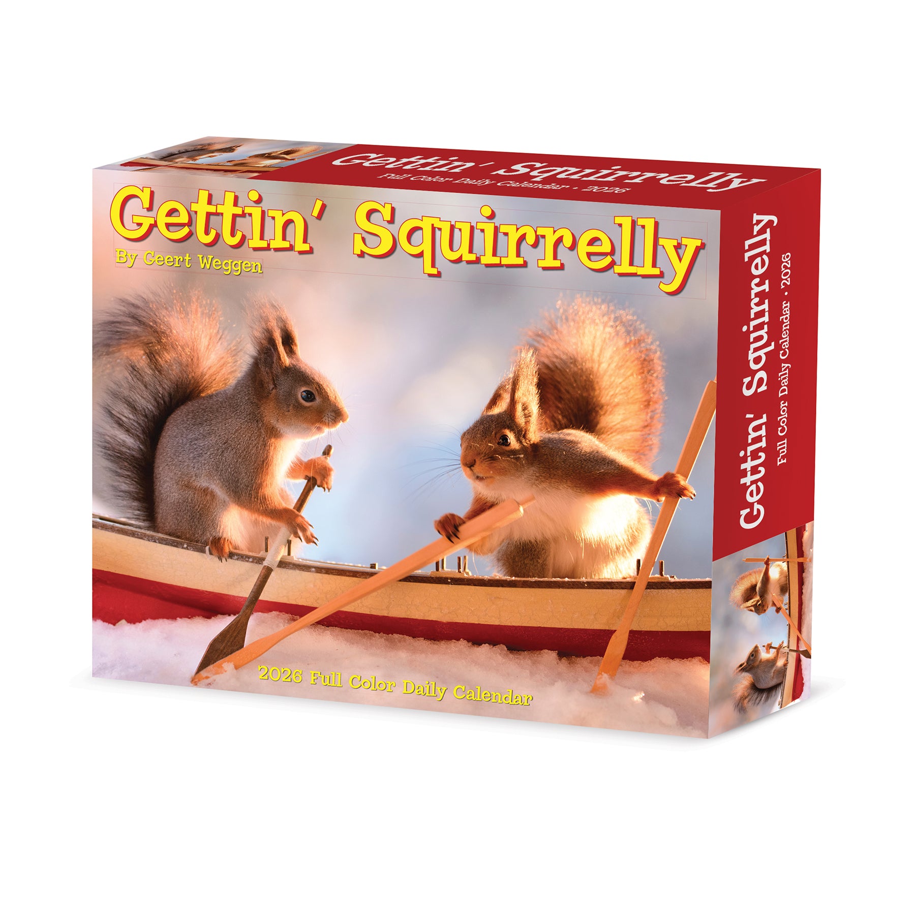 Gettin' Squirrelly 2026 Daily Box Calendar featuring playful squirrels engaging with props.