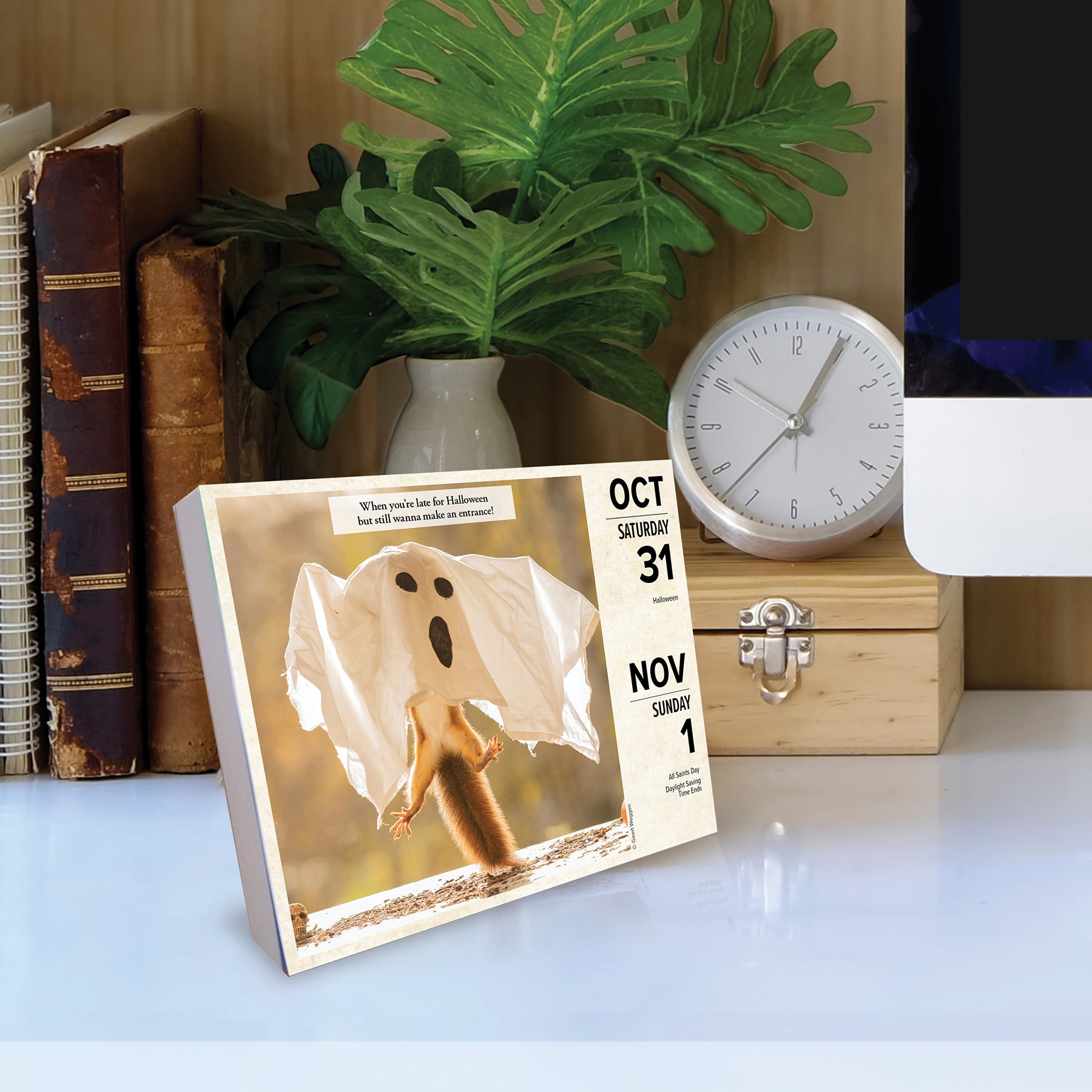 2026 Daily Box Calendar featuring playful squirrel dressed as ghost for Halloween, minimalist desk setting.