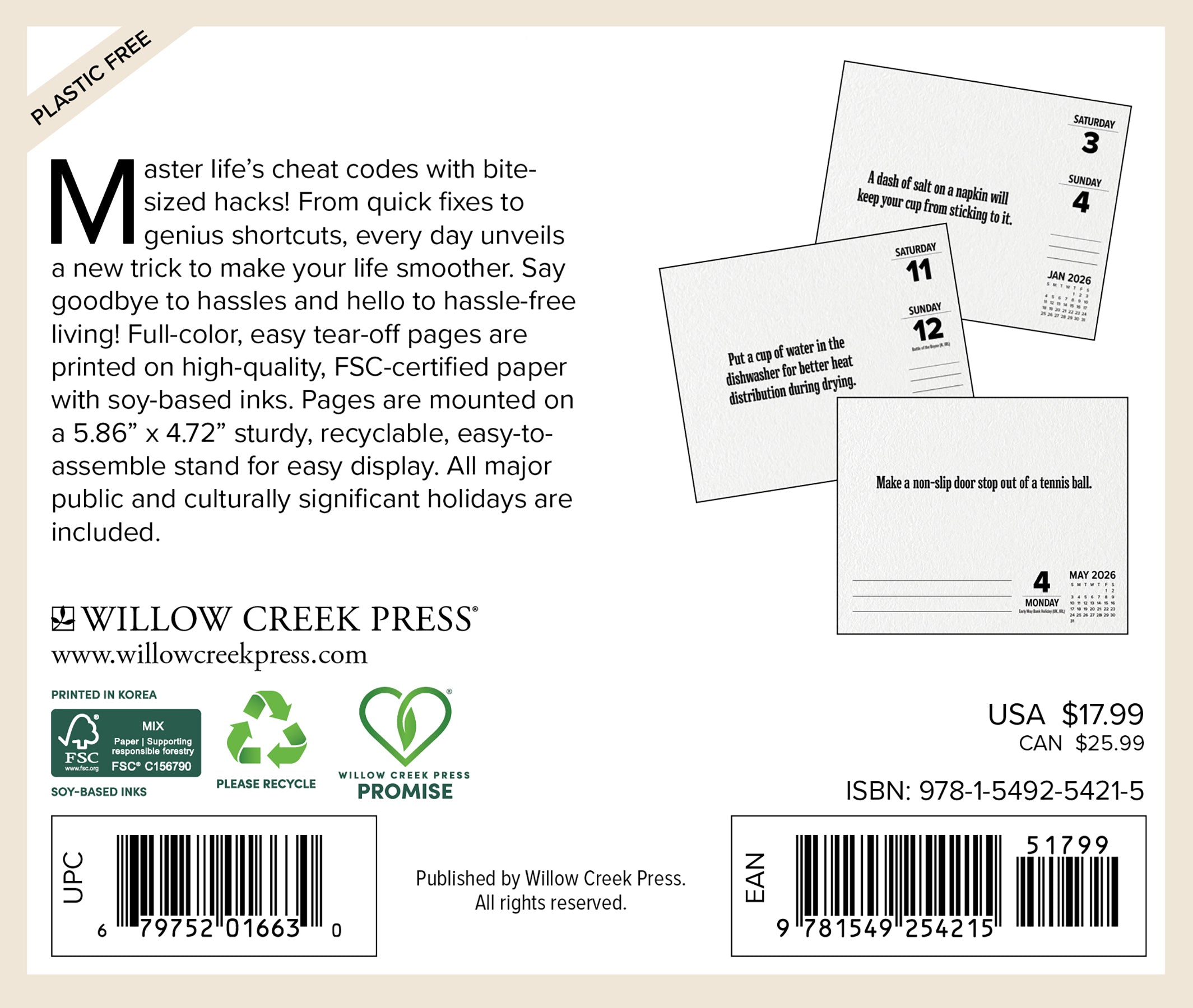 Hacks of Life 2026 Daily Box Calendar back cover showing tear-off pages and product details.