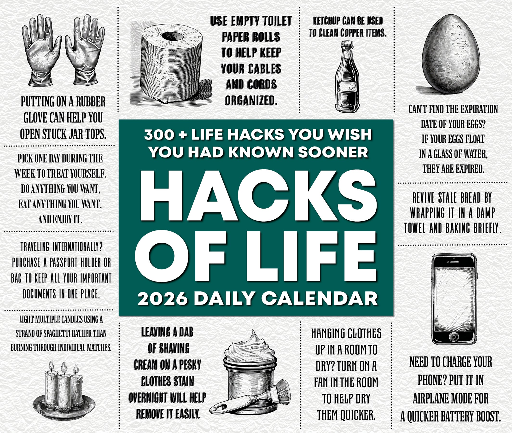 Hacks of Life 2026 Daily Box Calendar showcasing clever tips and tricks for everyday challenges.