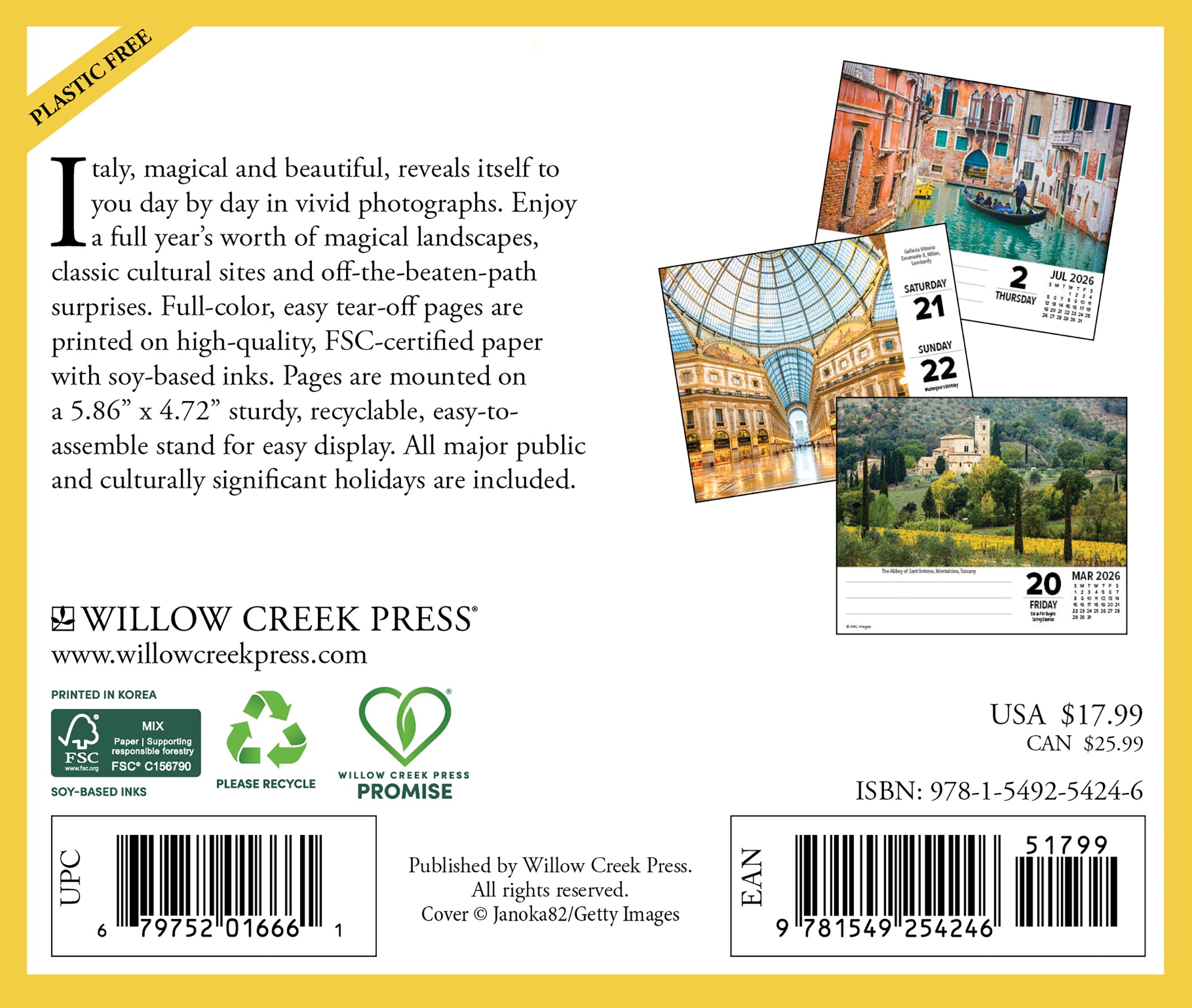 Italy 2026 Daily Box Calendar showcasing vibrant photographs of landscapes and historic sites, perfect for organizing your year.