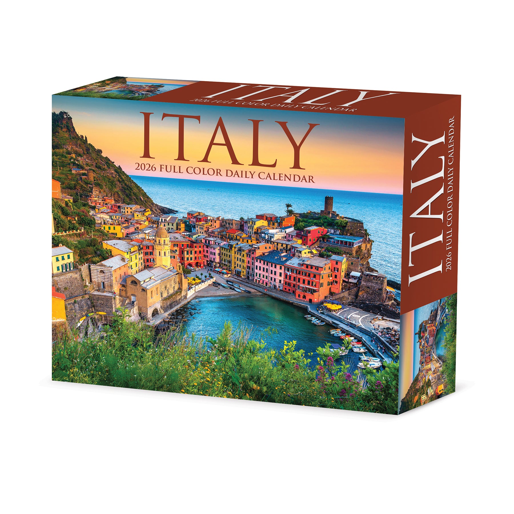 Italy 2026 Daily Box Calendar featuring vibrant coastal scenery and historic landmarks.