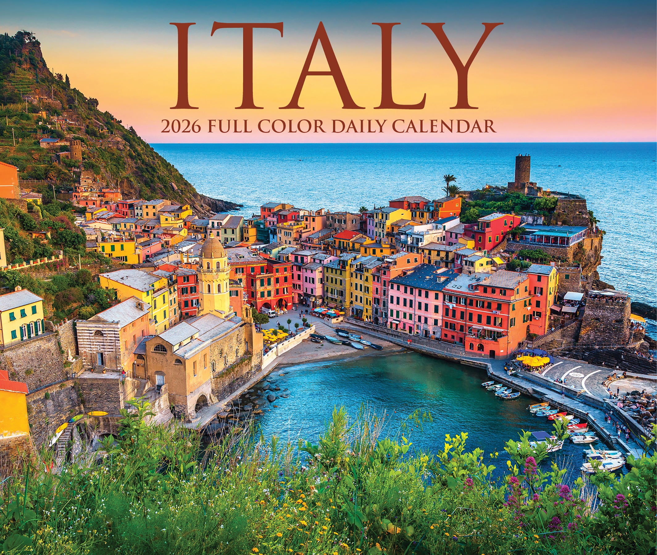Italy 2026 Daily Box Calendar showcasing a beautiful coastal village, vibrant colors, and serene landscapes.