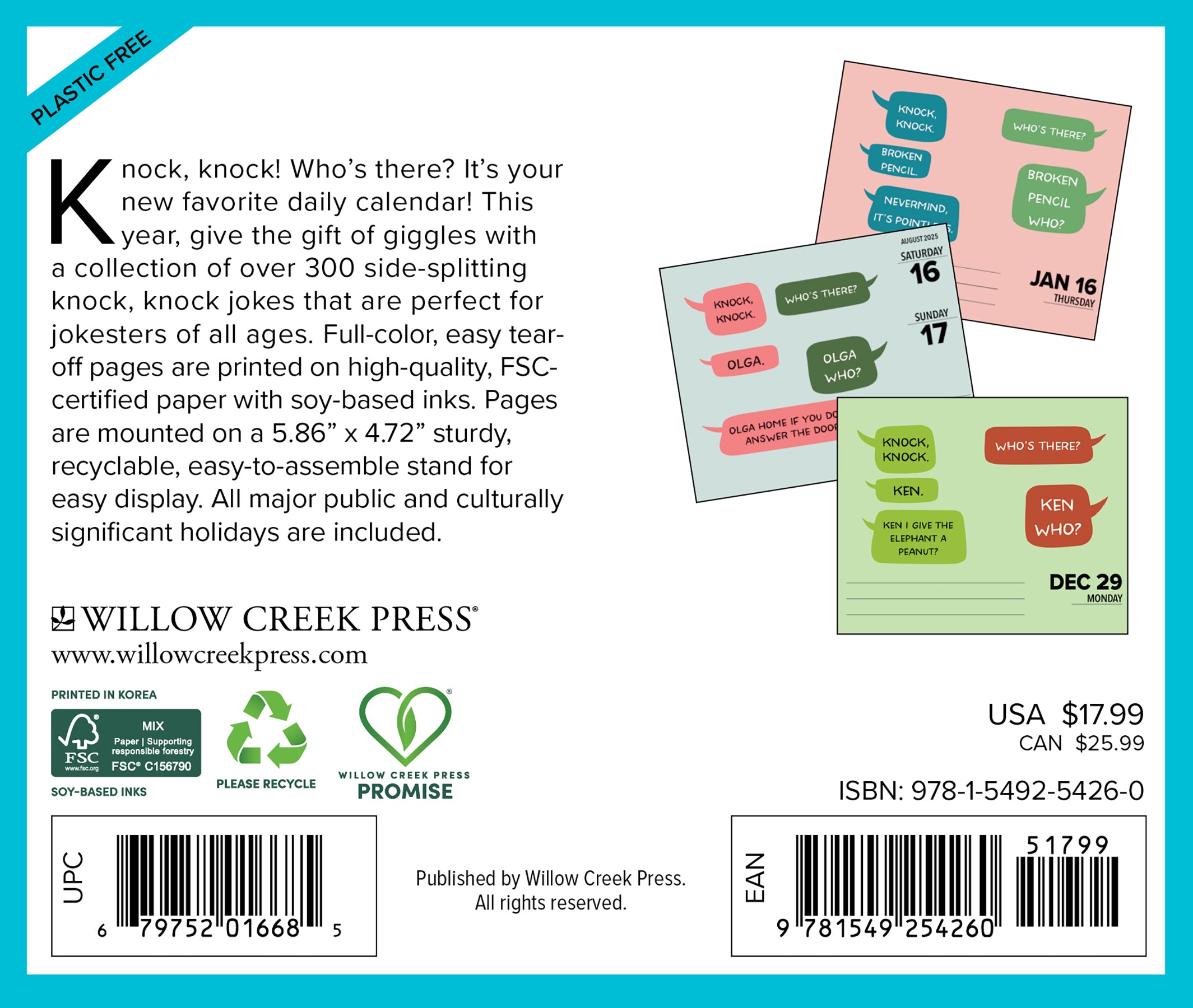 Back cover of the Knock Knock 2026 Daily Box Calendar featuring tear-off pages and humor sections.