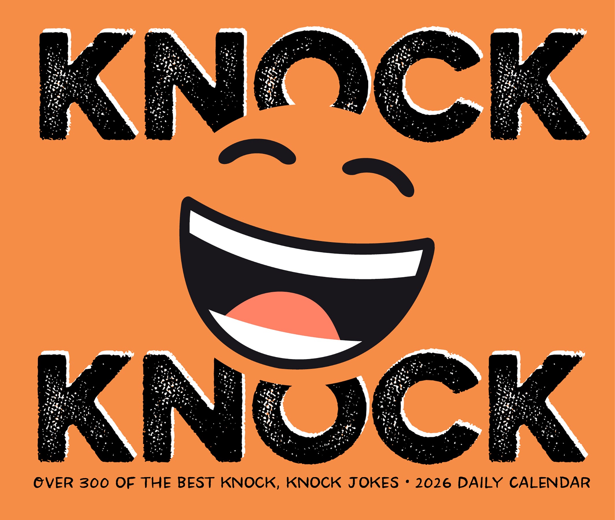 Knock Knock 2026 Daily Box Calendar cover featuring a smiling face and text about over 300 jokes.