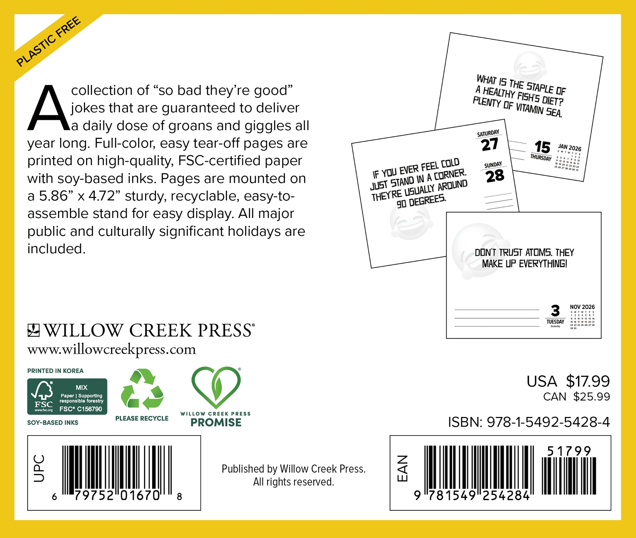 2026 Daily Box Calendar featuring a collection of punny jokes for daily giggles, displayed in informative packaging.