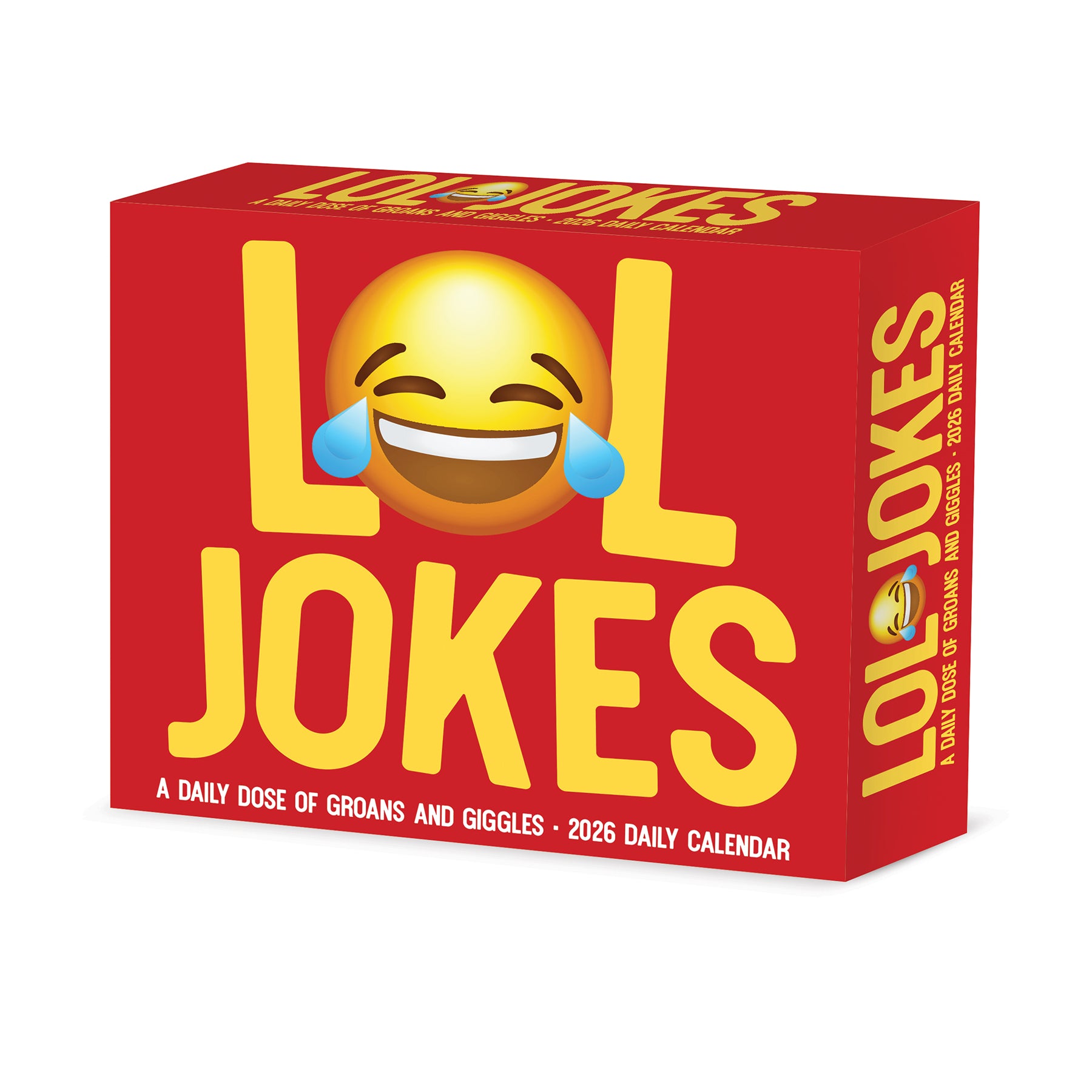 LOL Jokes 2026 Daily Box Calendar packaging featuring emoji and text for a year of laughs and giggles.