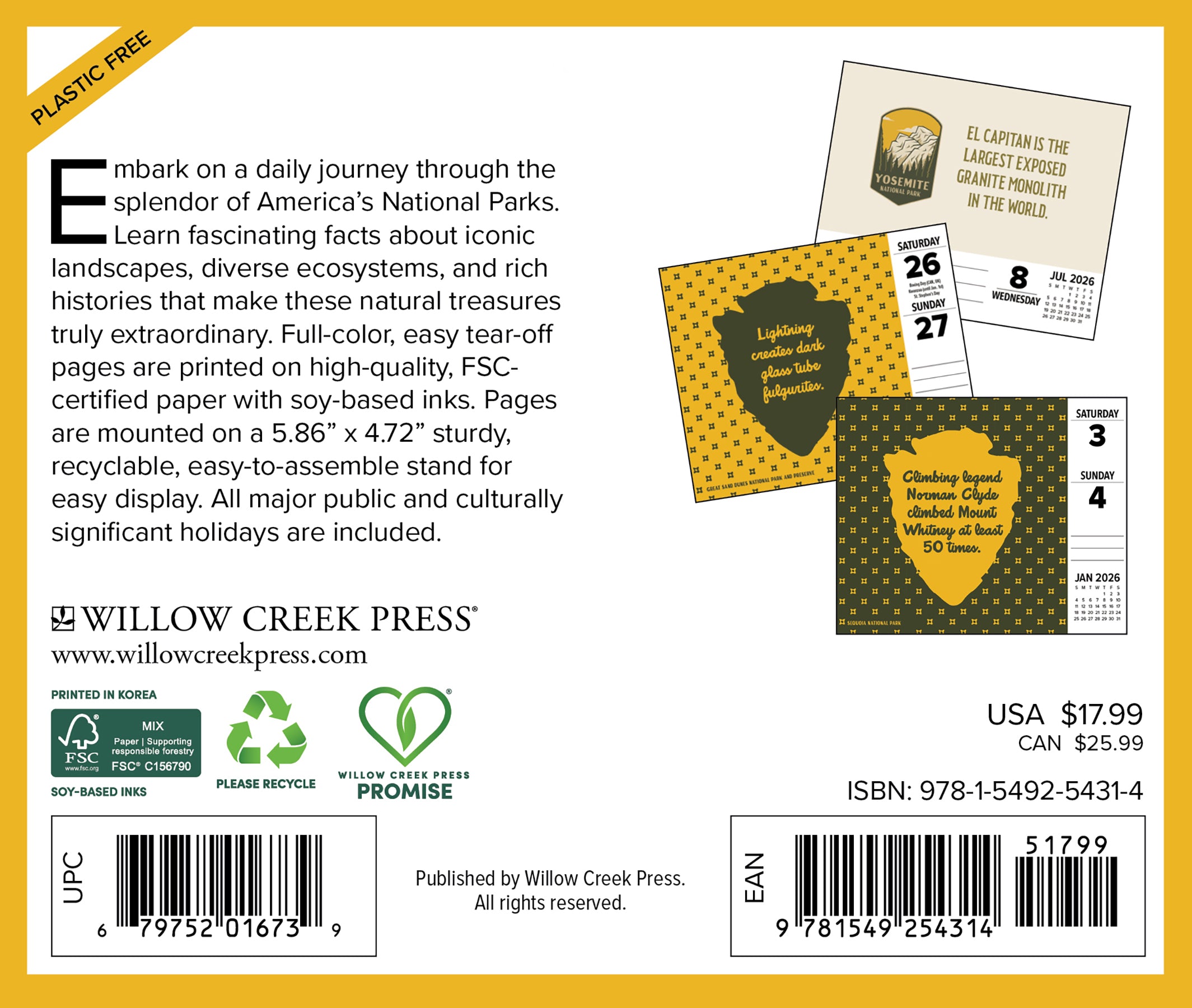 National Park Trivia 2026 Daily Box Calendar packaging with informative facts and eco-friendly design.