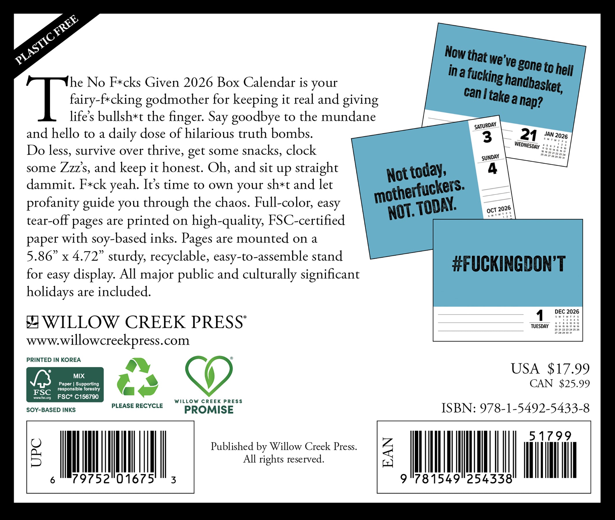 No F*cks Given 2026 Daily Box Calendar back cover with humorous quotes and details about the calendar's features.