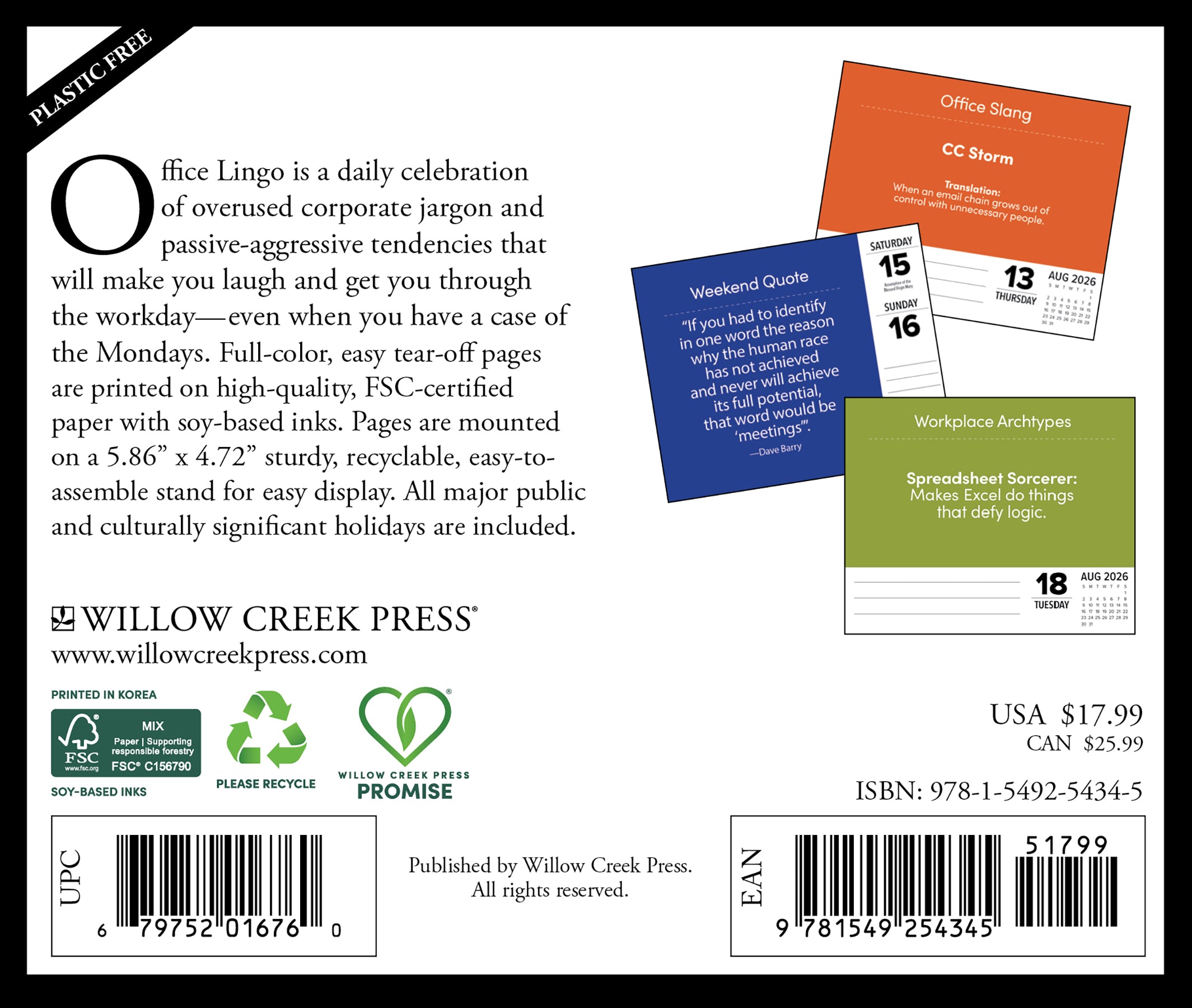 Back cover of Office Lingo 2026 Daily Box Calendar showing design details and description of the product features.