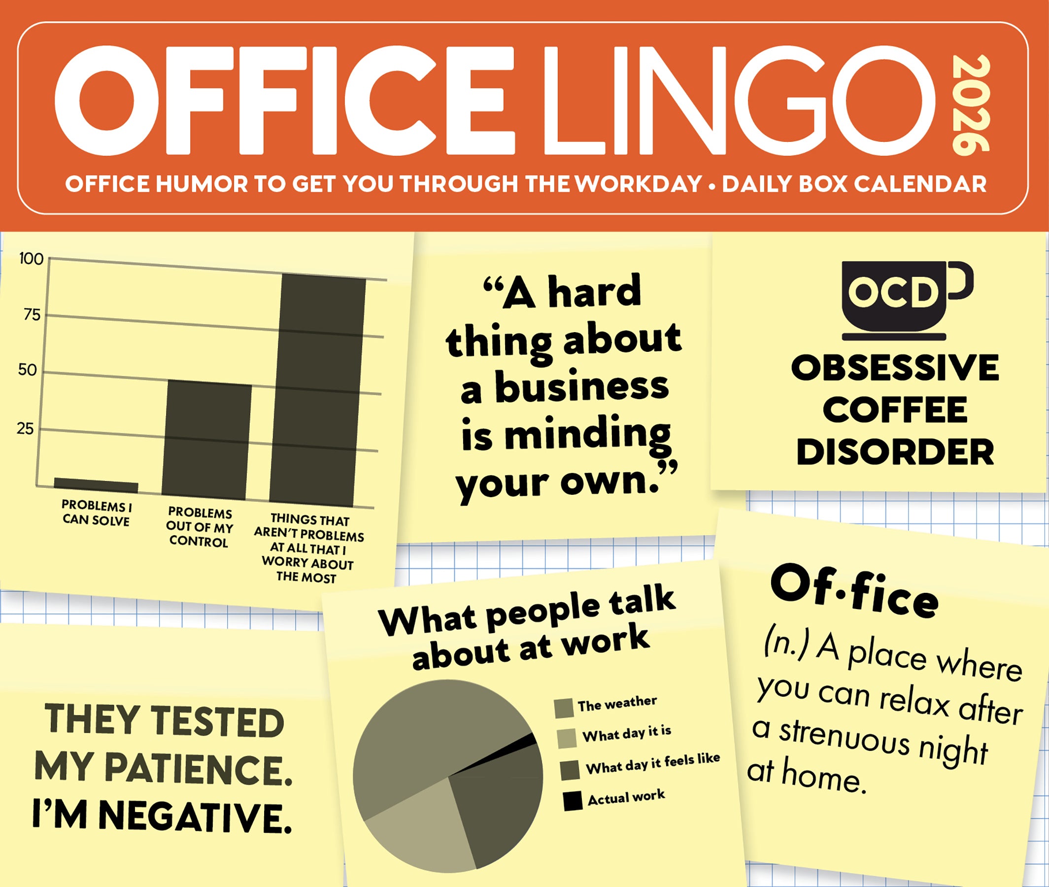 Office Lingo 2026 Daily Box Calendar showcasing humorous corporate jargon and inspirational quotes for workplace motivation.