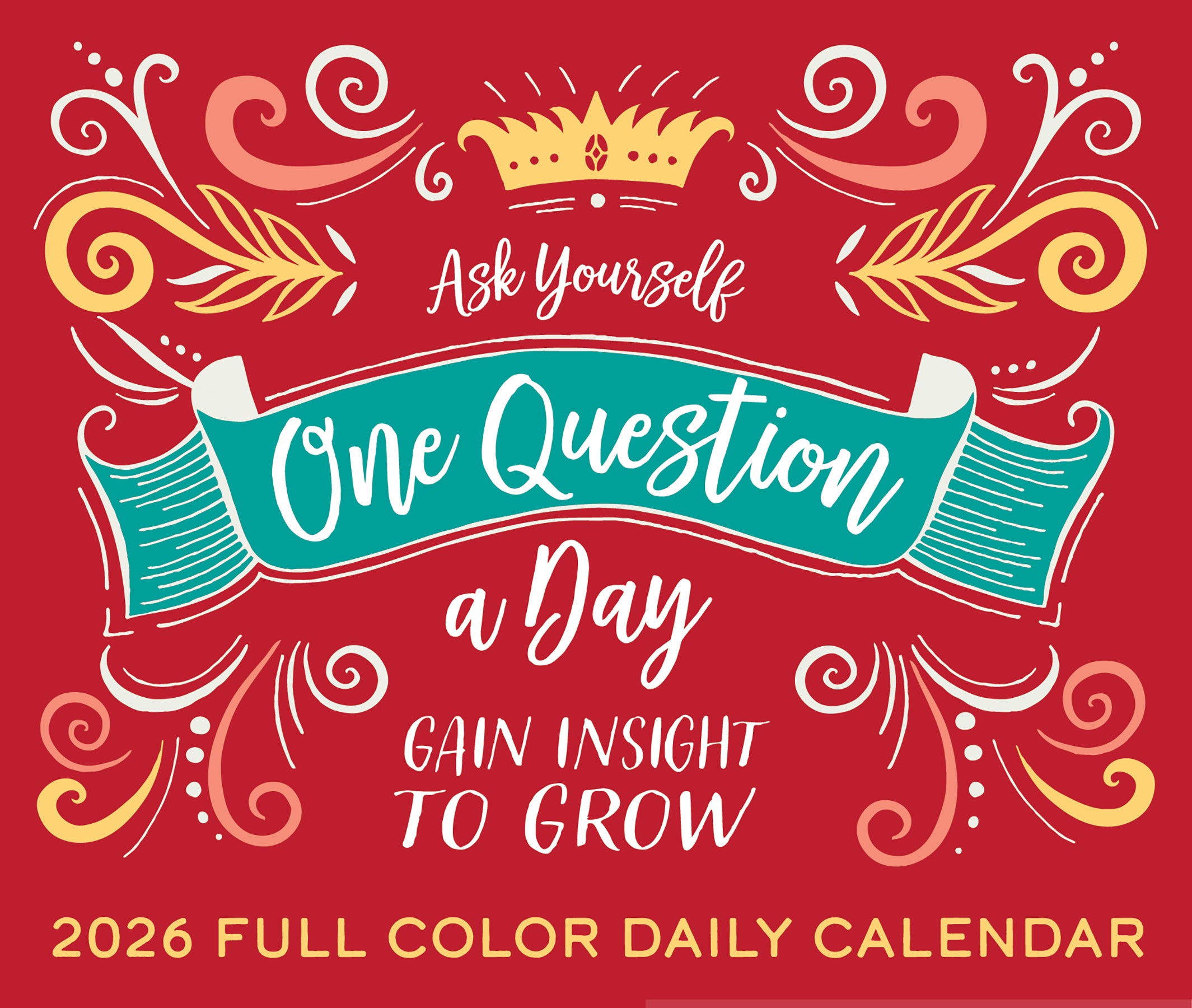 One Question A Day 2026 Daily Box Calendar design with colorful lettering and decorative elements.