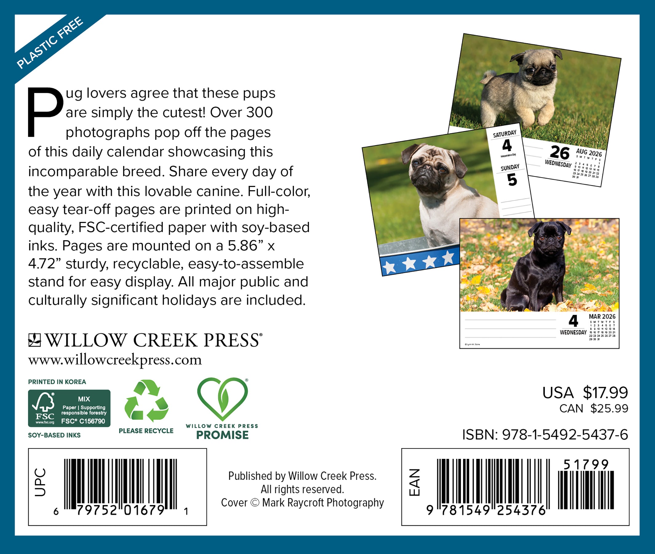 Just Pugs 2026 Daily Box Calendar back cover featuring photographs of adorable pugs and details about the calendar.