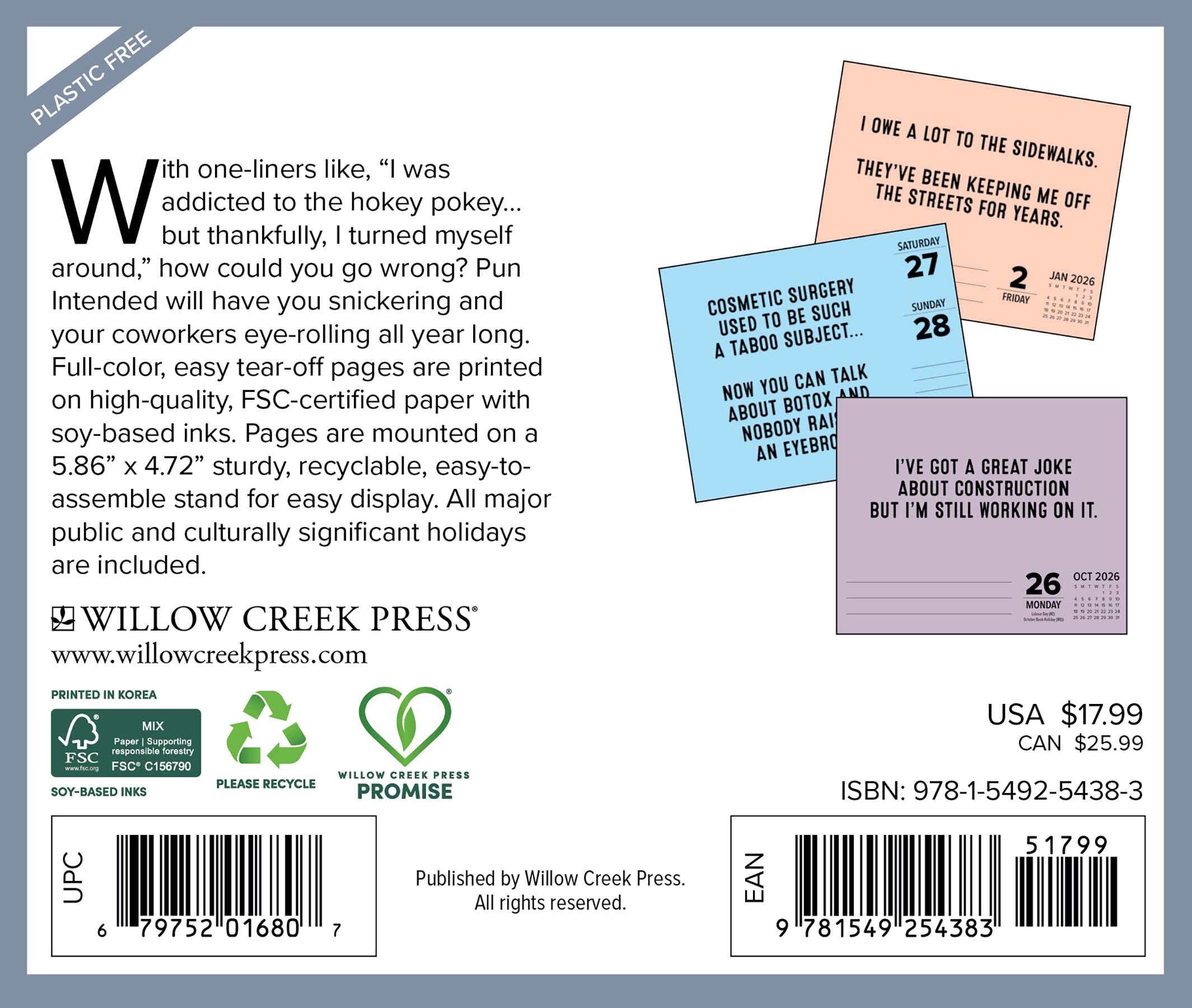 Image of the Pun Intended 2026 Daily Box Calendar back cover showcasing one-liners and product details.