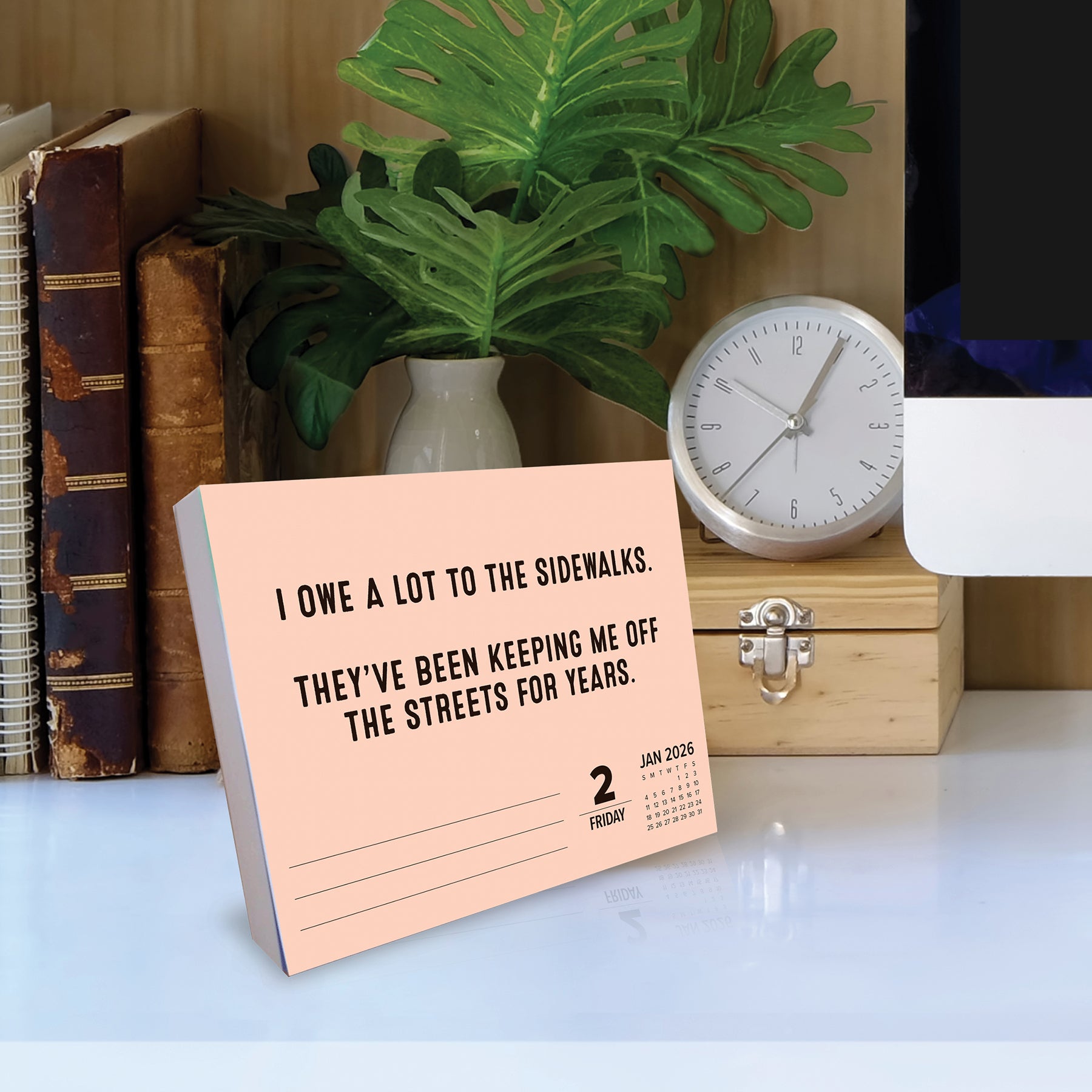 2026 Daily Box Calendar with humorous quote on a desk beside books and a plant.