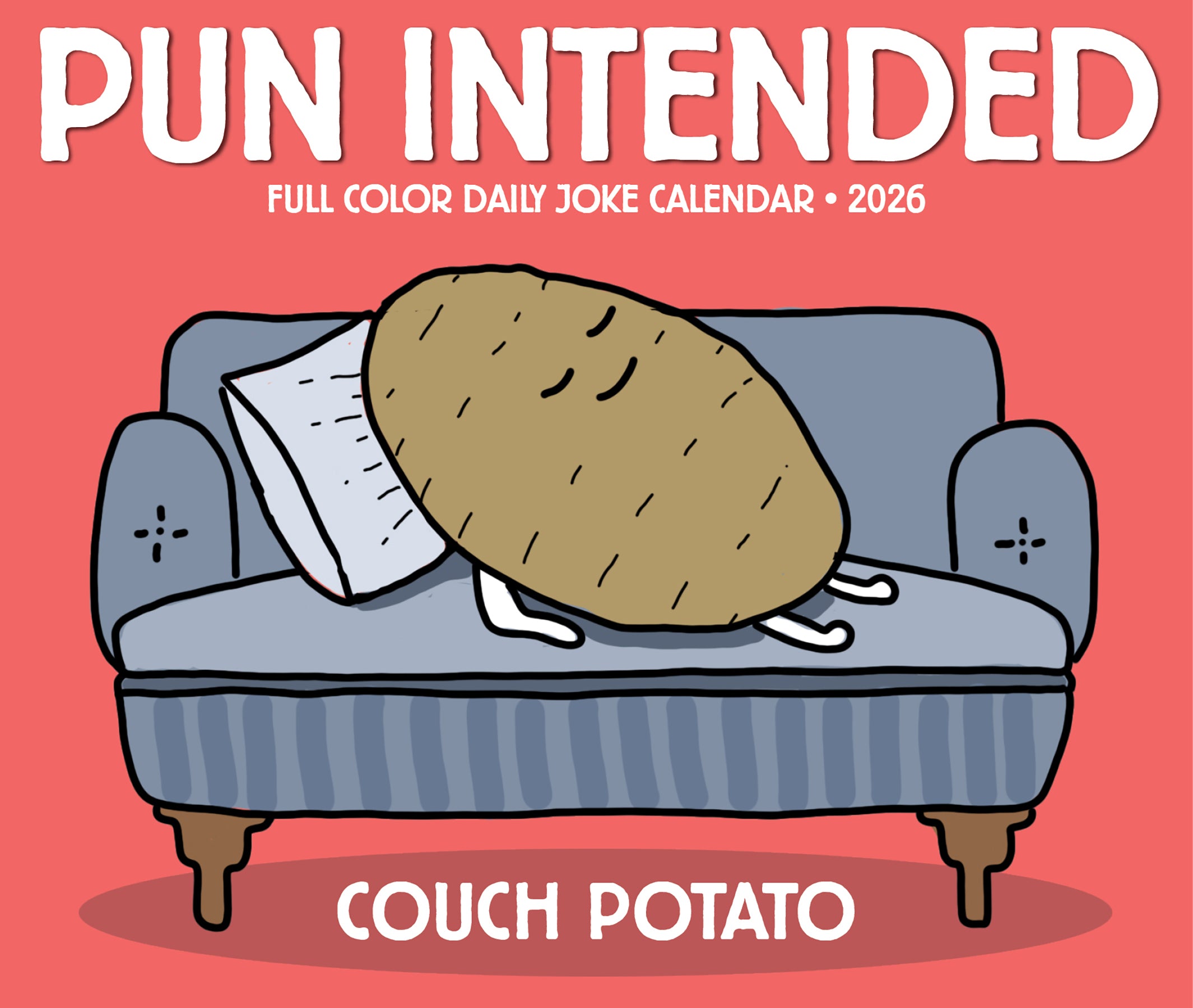 2026 Daily Box Calendar featuring a cartoon couch potato relaxing on a sofa with a humorous pun theme.