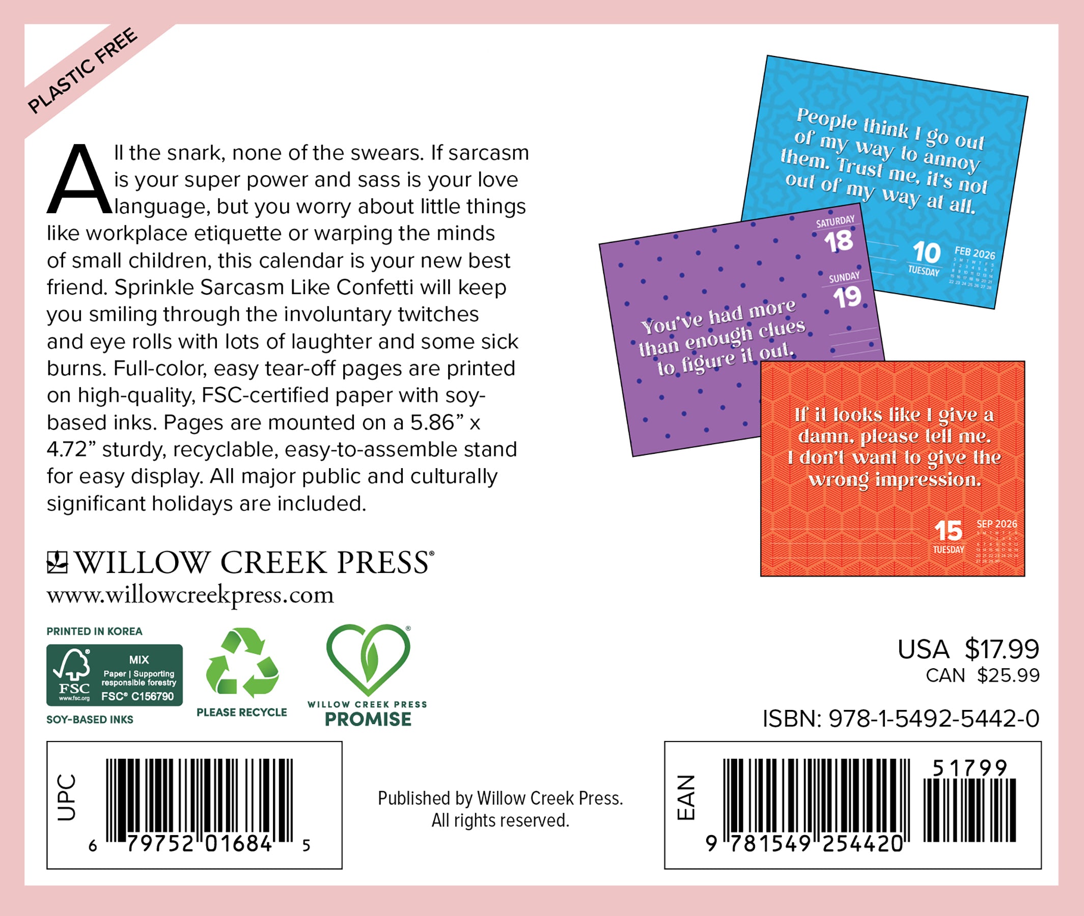 Back cover of the 2026 Daily Box Calendar featuring colorful tear-off pages with sarcastic quotes.