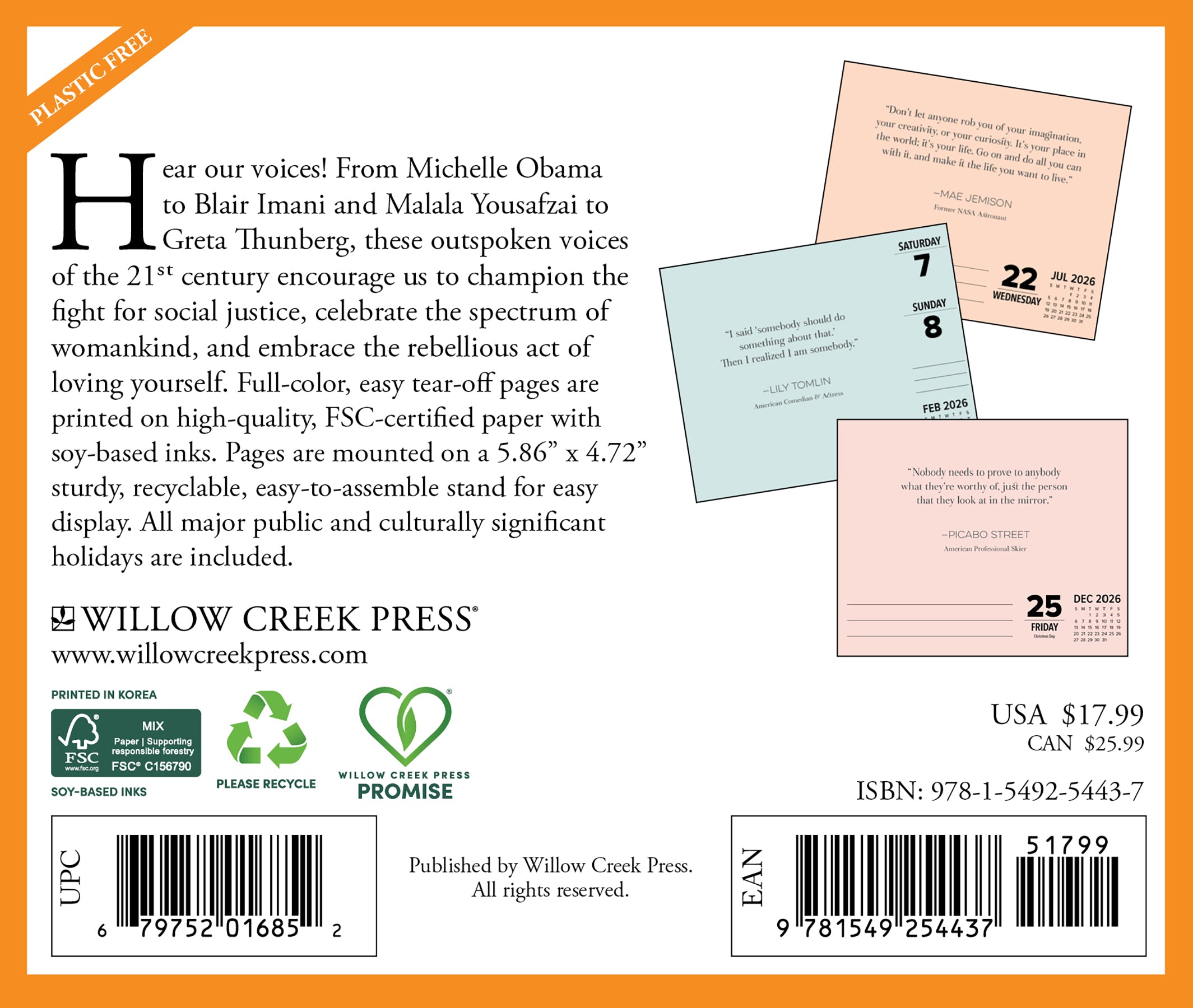 That's What She Said 2026 Daily Box Calendar back cover showcasing empowering voices and important dates.