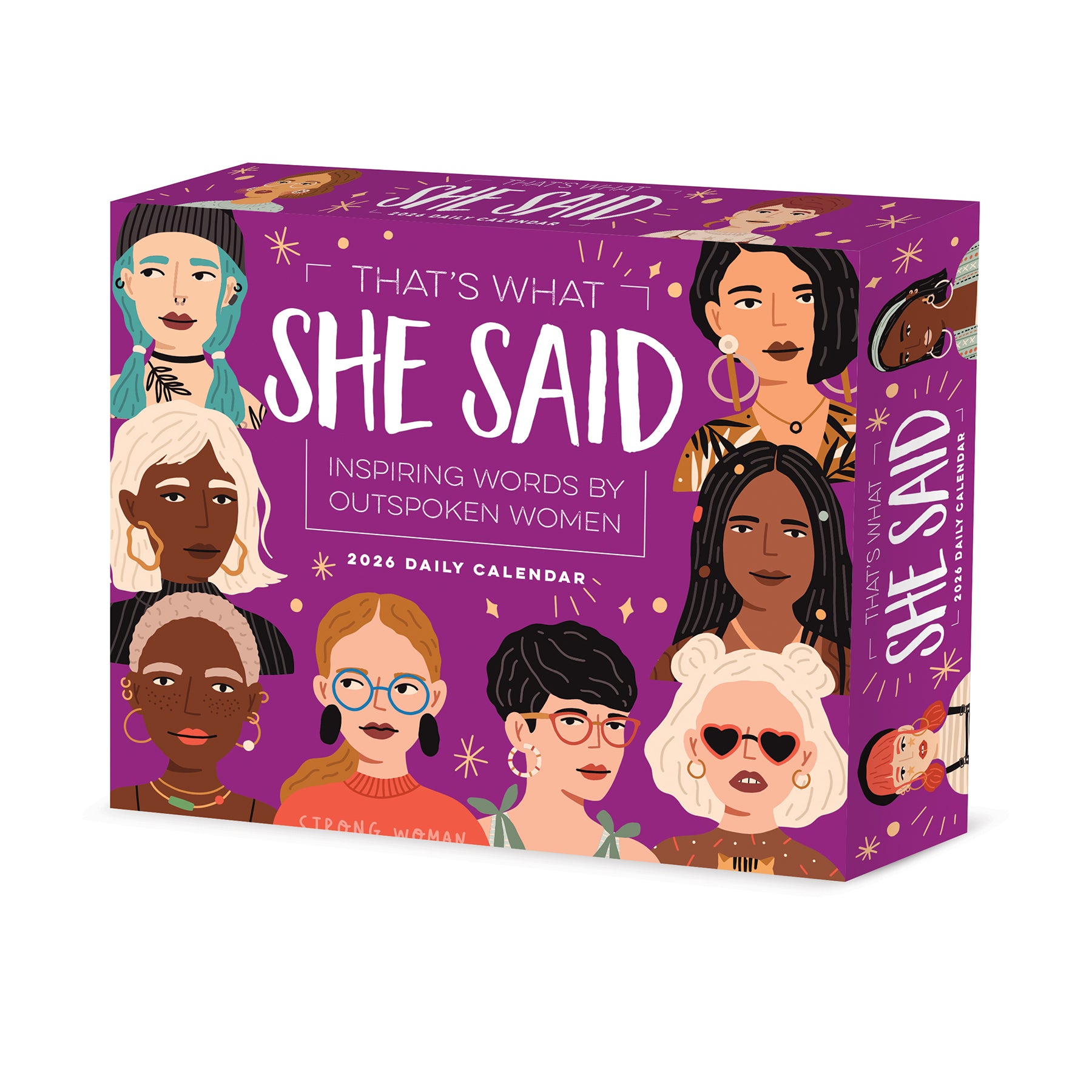That's What She Said 2026 Daily Box Calendar showcasing inspiring words by outspoken women on a colorful design.