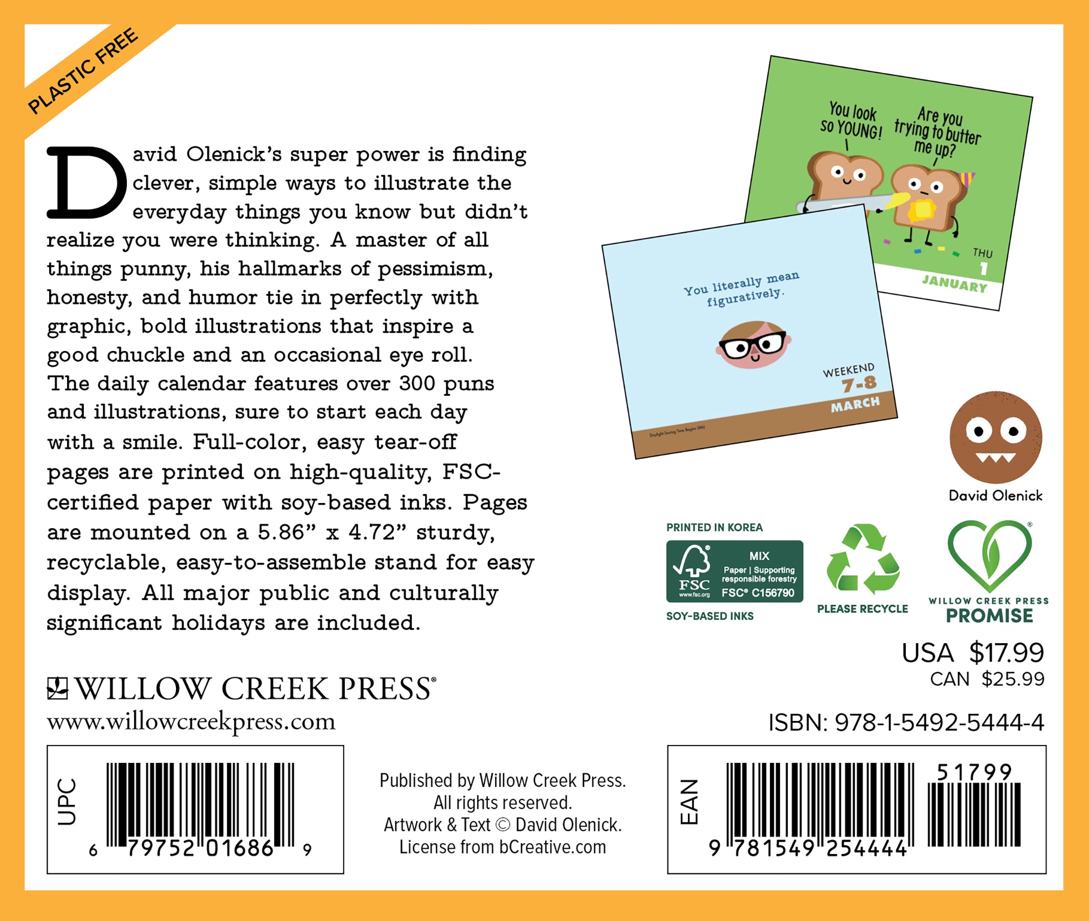 Back cover of The Art of David Olenick 2026 Daily Box Calendar, showcasing humorous illustrations and calendar details.