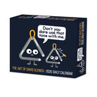 The Art of David Olenick 2026 Daily Box Calendar featuring humorous character illustrations.
